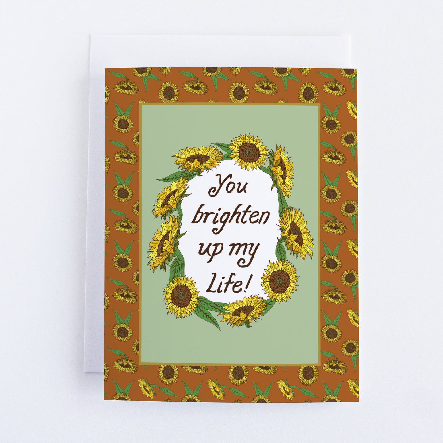 Single "You brighten up my life" Greeting Cards with Peel-and-stick Envelopes (A2 size; 5 color choices)