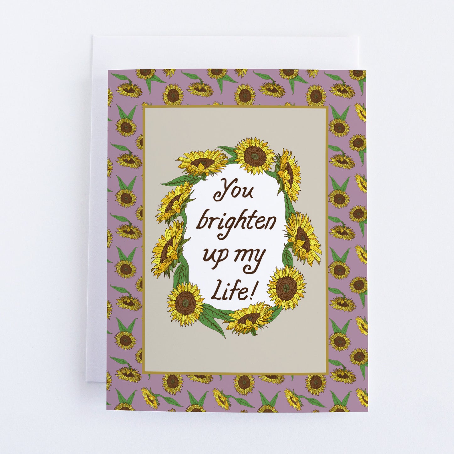 Single "You brighten up my life" Greeting Cards with Peel-and-stick Envelopes (A2 size; 5 color choices)