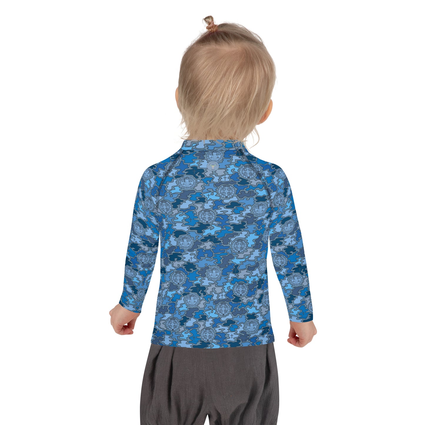 Blue St. Benedict Catholic Camouflage Kids Long-sleeved Rash Guard (Size 2-7)
