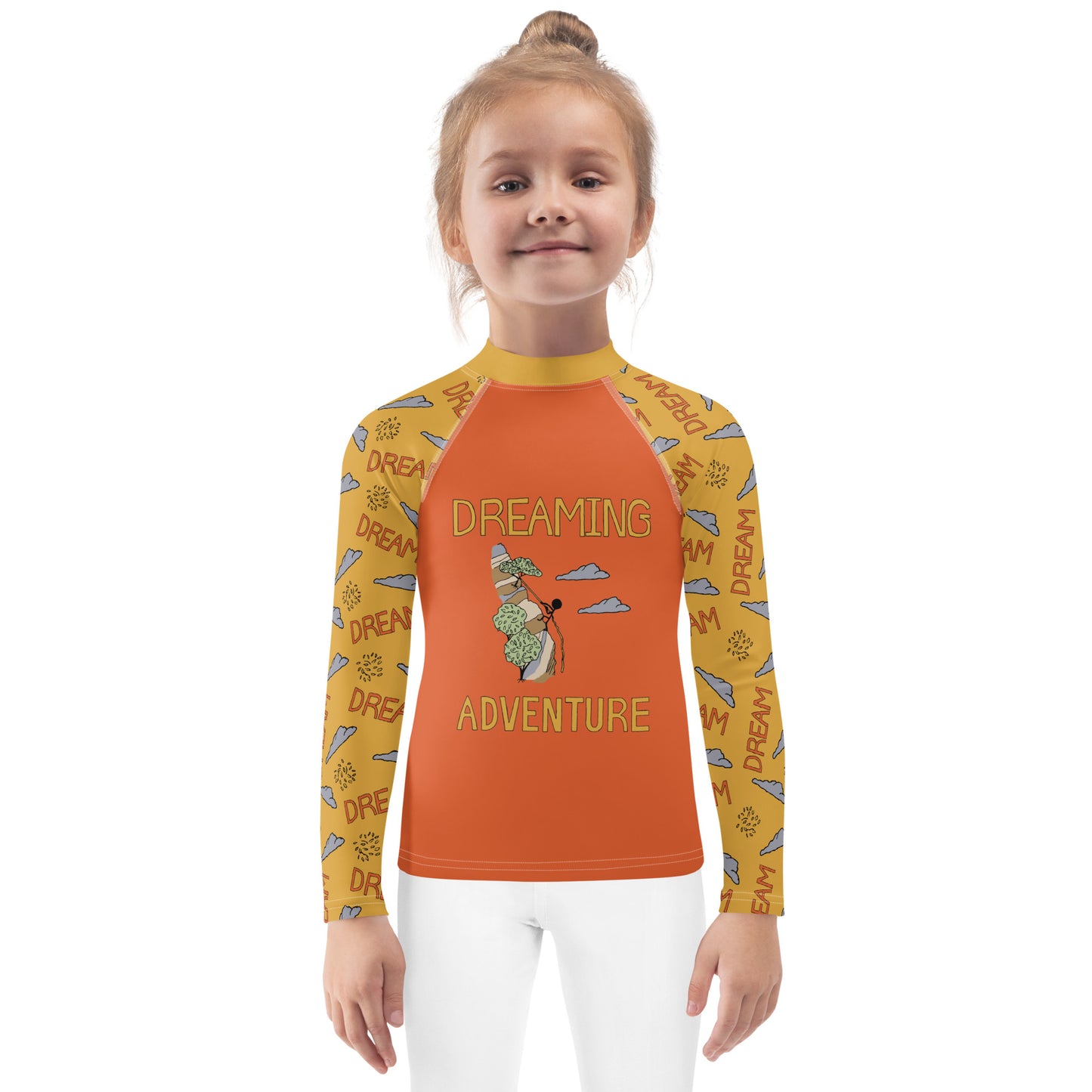 Kids Yellow/Orange Climbing "Dreaming Adventure" Long-sleeved Rash Guard Shirt (Size 2-7)