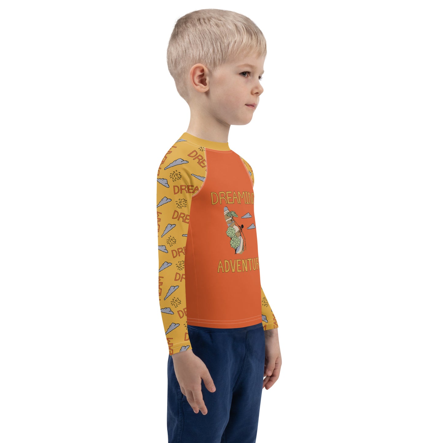Kids Yellow/Orange Climbing "Dreaming Adventure" Long-sleeved Rash Guard Shirt (Size 2-7)