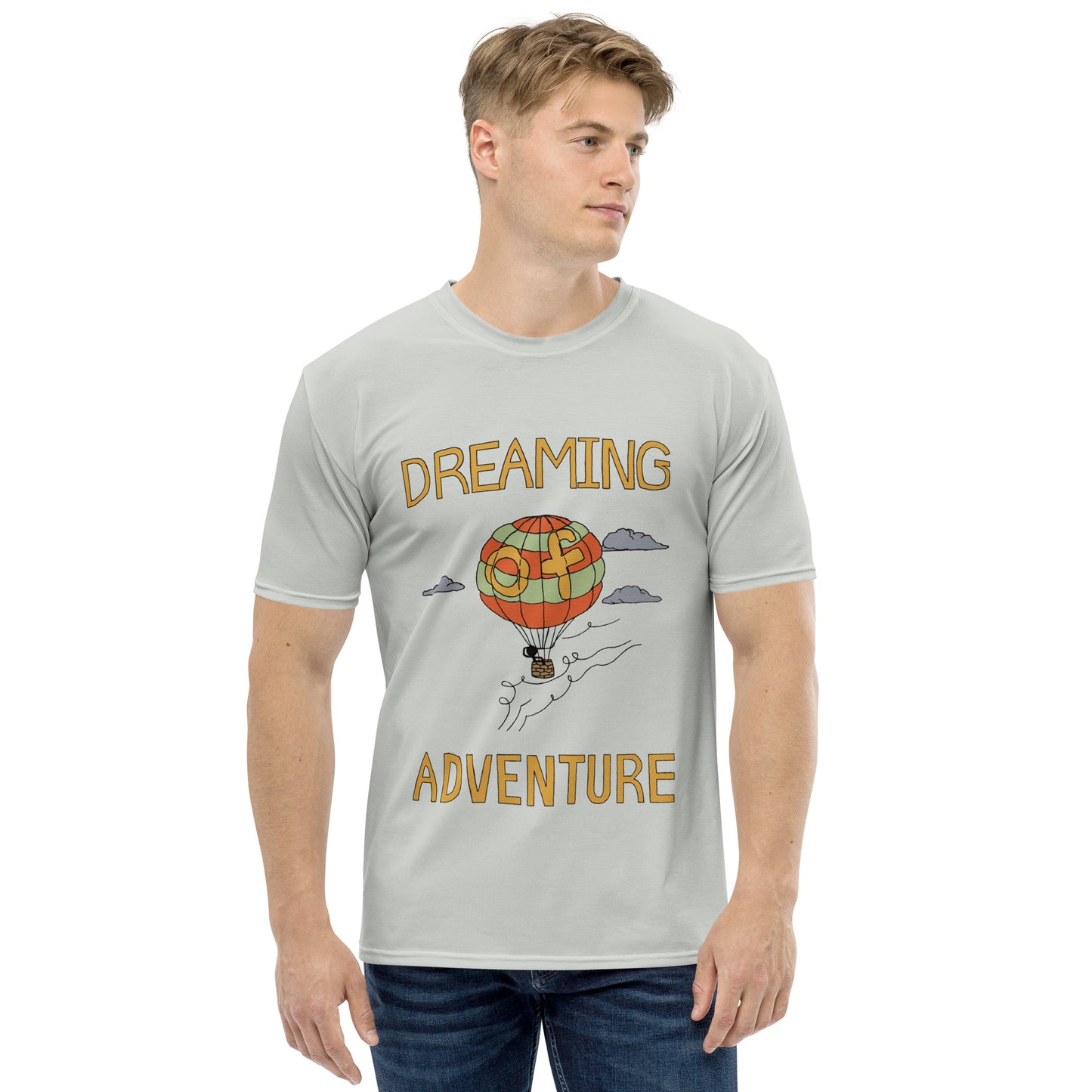 Men's Gray Hot Air Balloon "Dreaming Adventure" Crew-Neck T-shirt (Size XS-2XL)