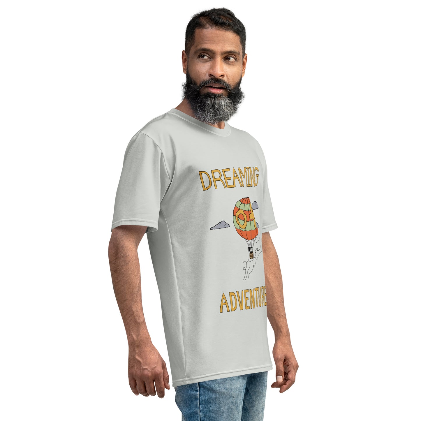 Men's Gray Hot Air Balloon "Dreaming Adventure" Crew-Neck T-shirt (Size XS-2XL)
