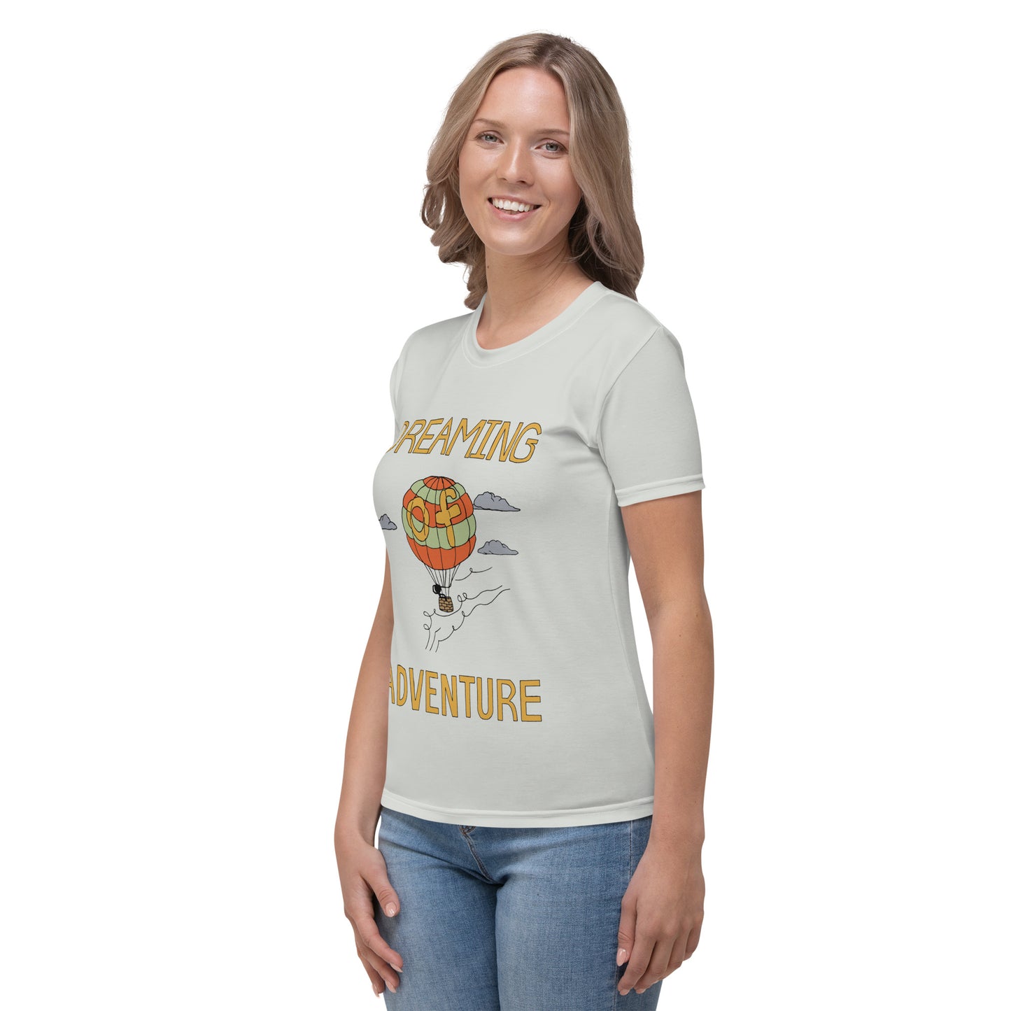Women's Gray Hot Air Balloon "Dreaming Adventure" Crew-Neck T-shirt (Size XS-2XL)
