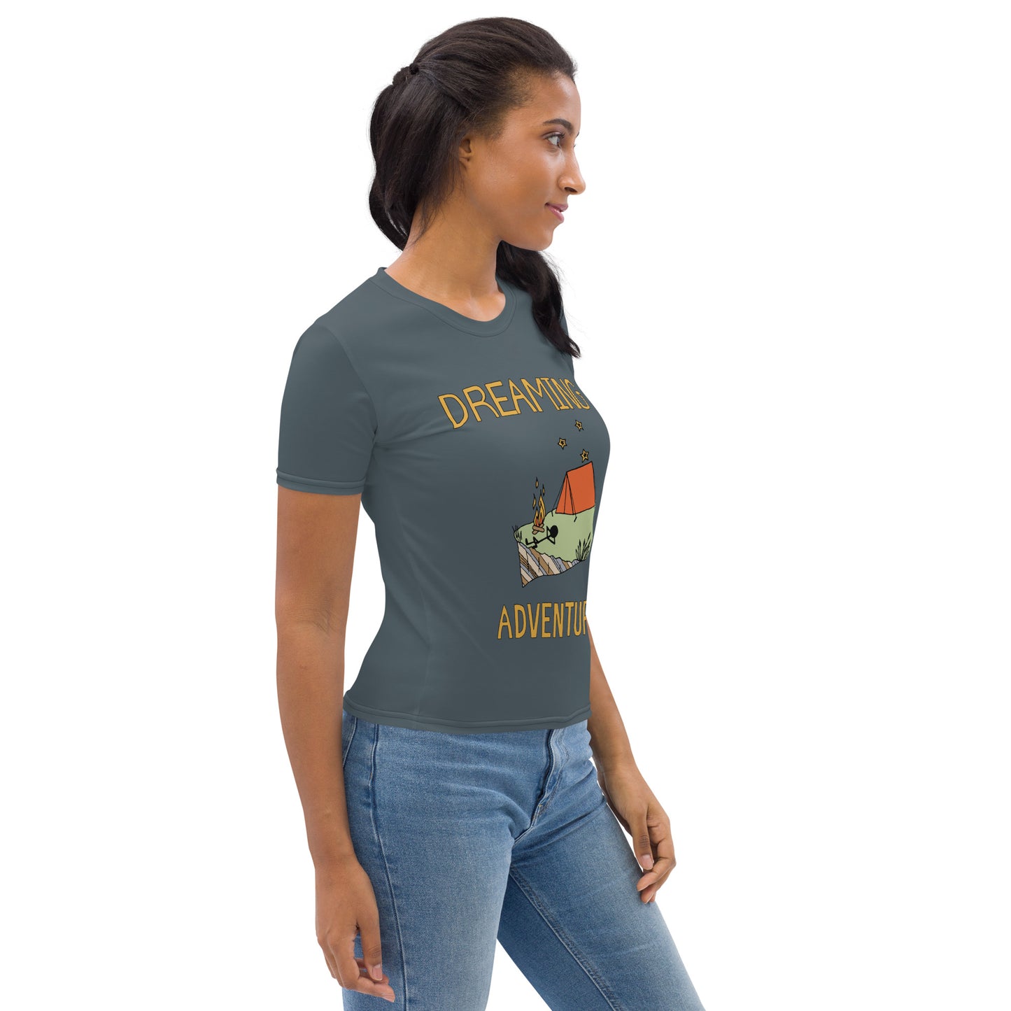 Women's Dark-Blue Camping "Dreaming Adventure" Crew-Neck T-shirt (Size XS-2XL)
