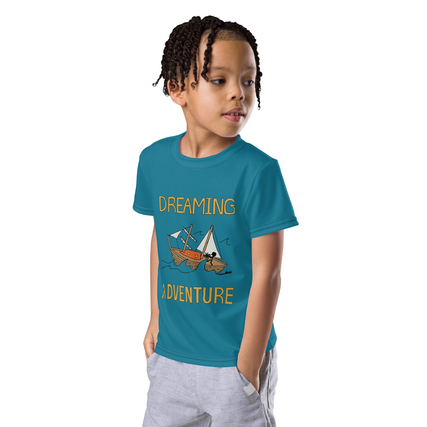 Kids Blue Sailing "Dreaming Adventure" Short-Sleeved Crew Neck T-shirt (Size 2-7)