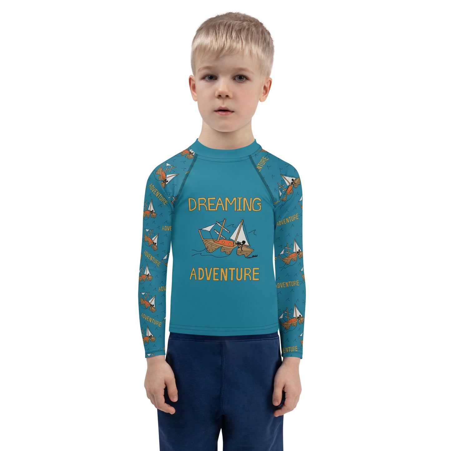 Kids Blue Sailing "Dreaming Adventure" Long-Sleeved Rashguard Shirt (Size 2-7)
