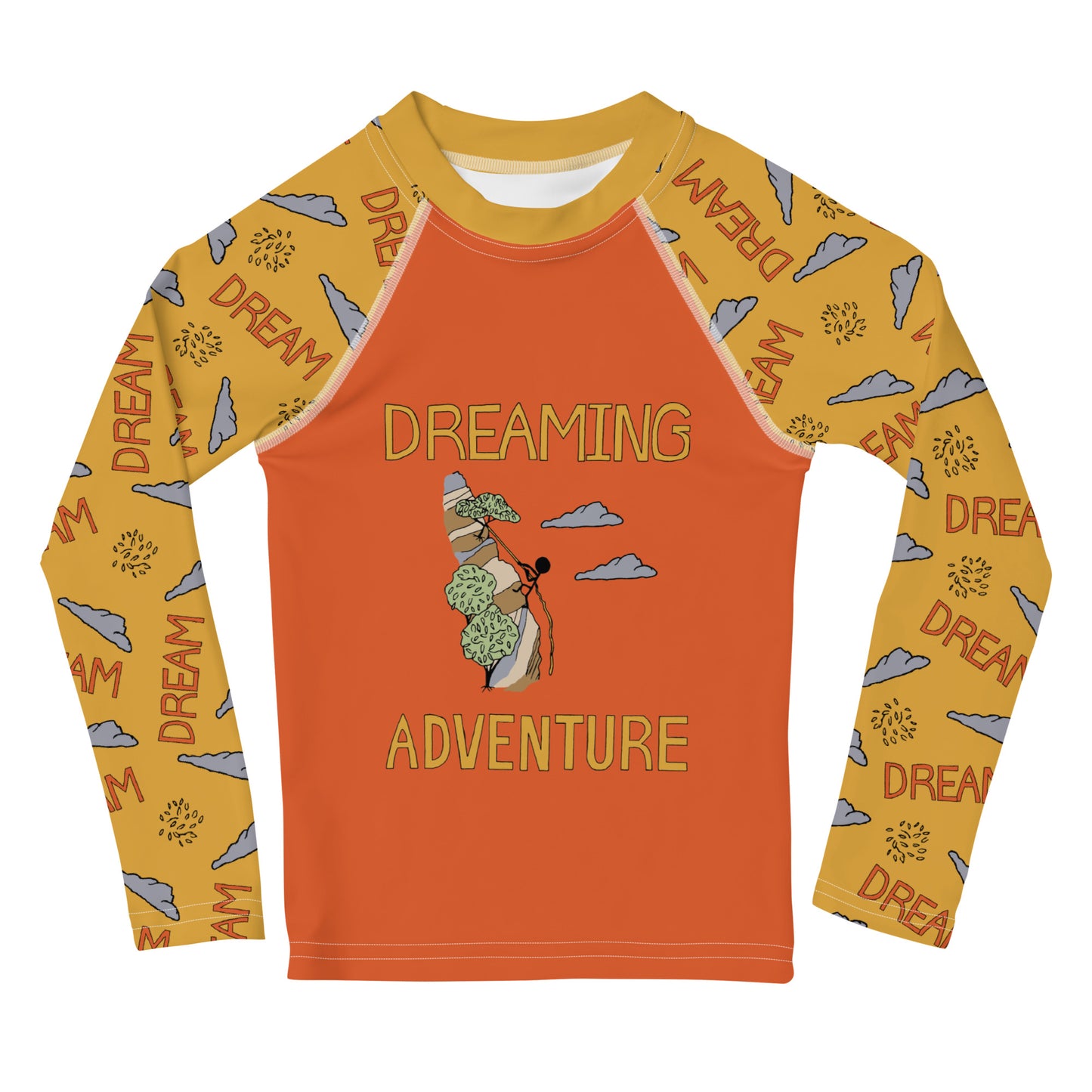 Kids Yellow/Orange Climbing "Dreaming Adventure" Long-sleeved Rash Guard Shirt (Size 2-7)