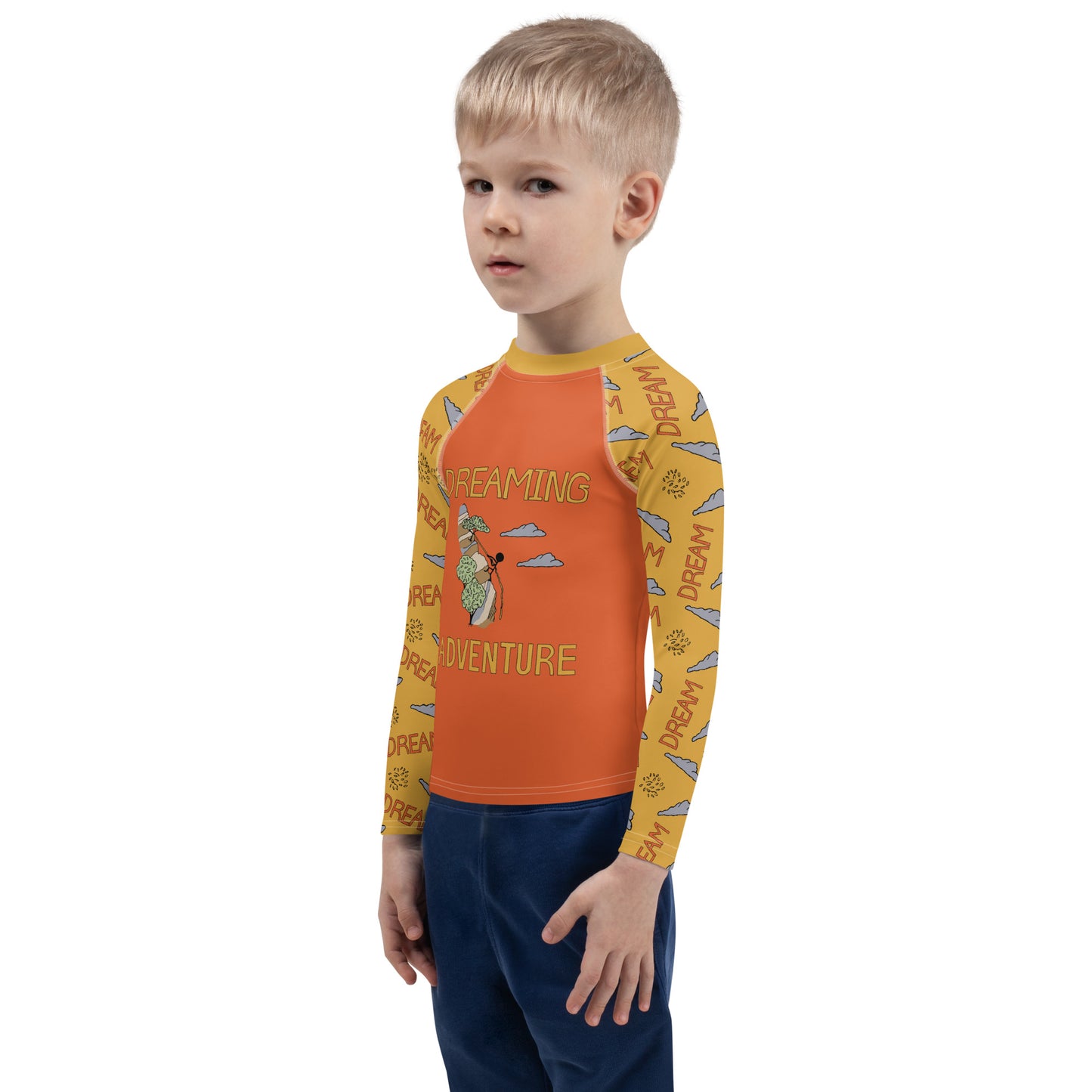 Kids Yellow/Orange Climbing "Dreaming Adventure" Long-sleeved Rash Guard Shirt (Size 2-7)