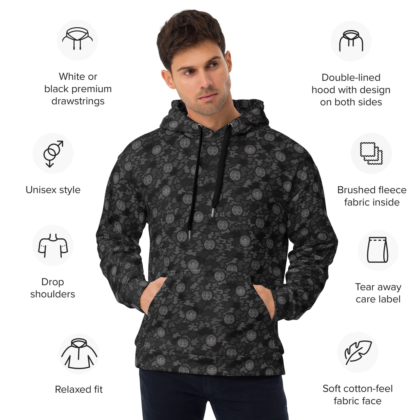 Black "Catholicamouflage" Unisex Pull-over Hoodie (Size XS-6XL)
