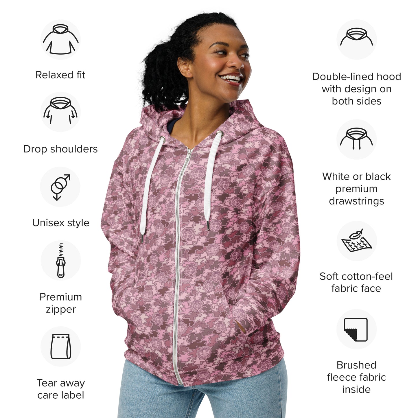 Pink "Catholicamouflage" Unisex Zipper Hoodie (Size XXS-6XL)