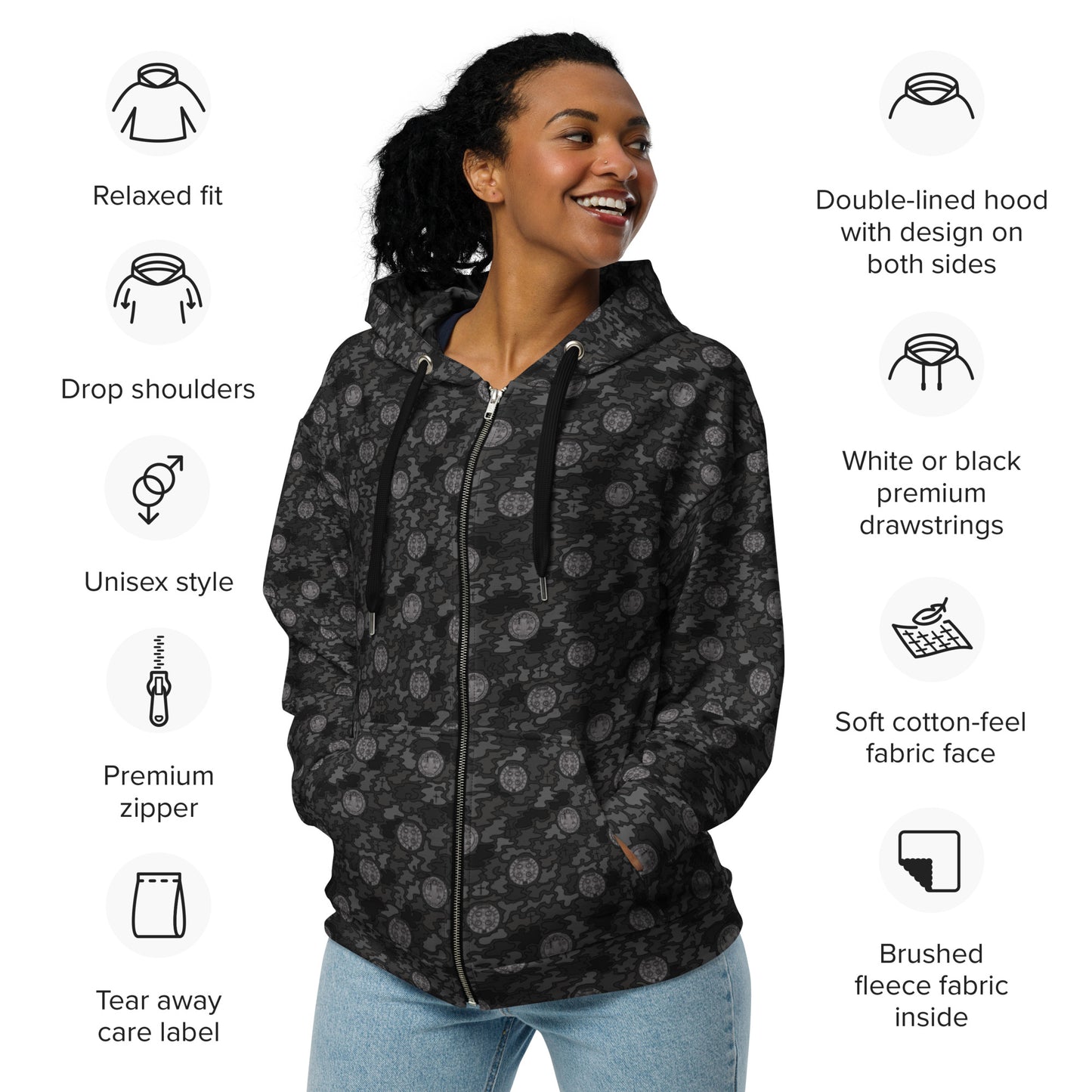 Black "Catholicamouflage" Unisex Zipper Hoodie (Size XXS-6XL)
