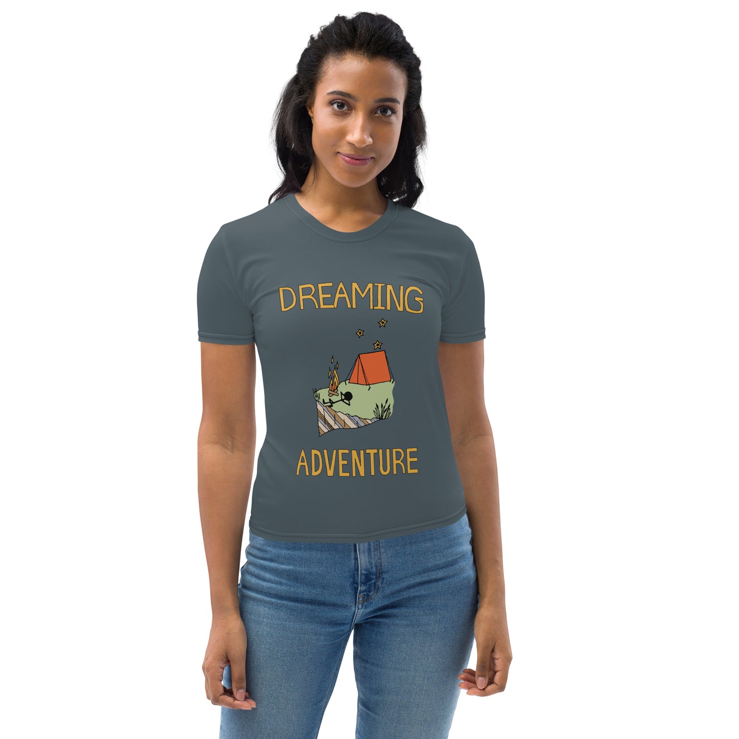 Women's Dark-Blue Camping "Dreaming Adventure" Crew-Neck T-shirt (Size XS-2XL)