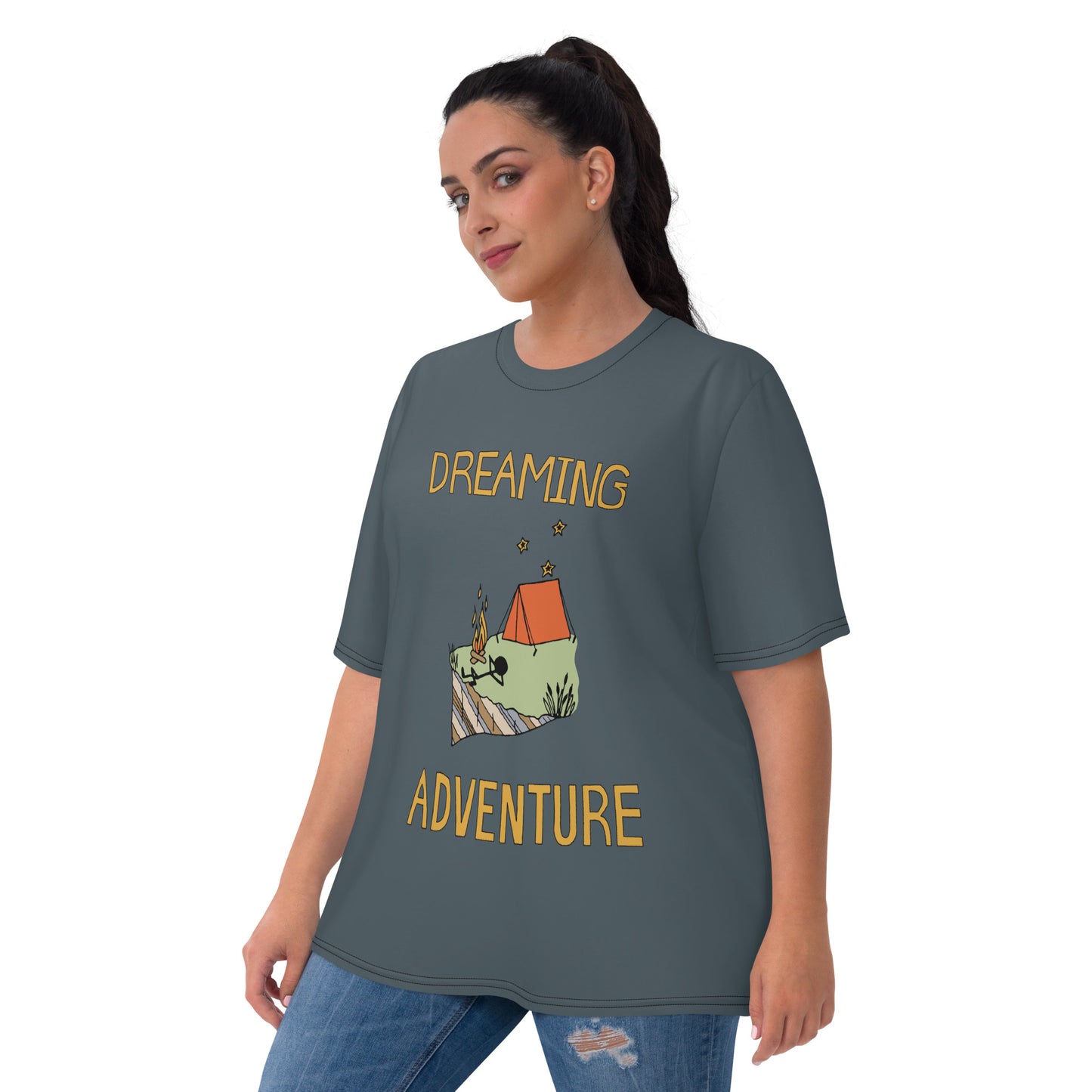 Women's Dark-Blue Camping "Dreaming Adventure" Crew-Neck T-shirt (Size XS-2XL)