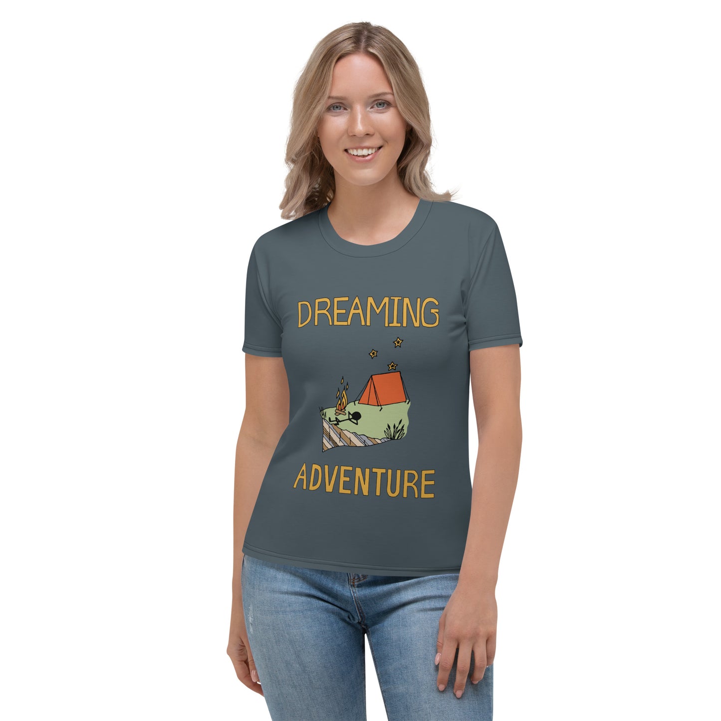 Women's Dark-Blue Camping "Dreaming Adventure" Crew-Neck T-shirt (Size XS-2XL)