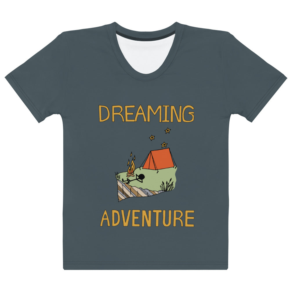 Women's Dark-Blue Camping "Dreaming Adventure" Crew-Neck T-shirt (Size XS-2XL)