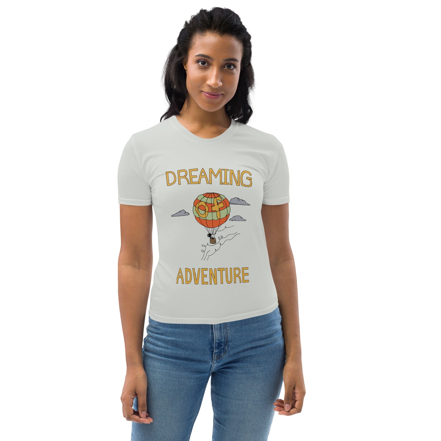 Women's Gray Hot Air Balloon "Dreaming Adventure" Crew-Neck T-shirt (Size XS-2XL)