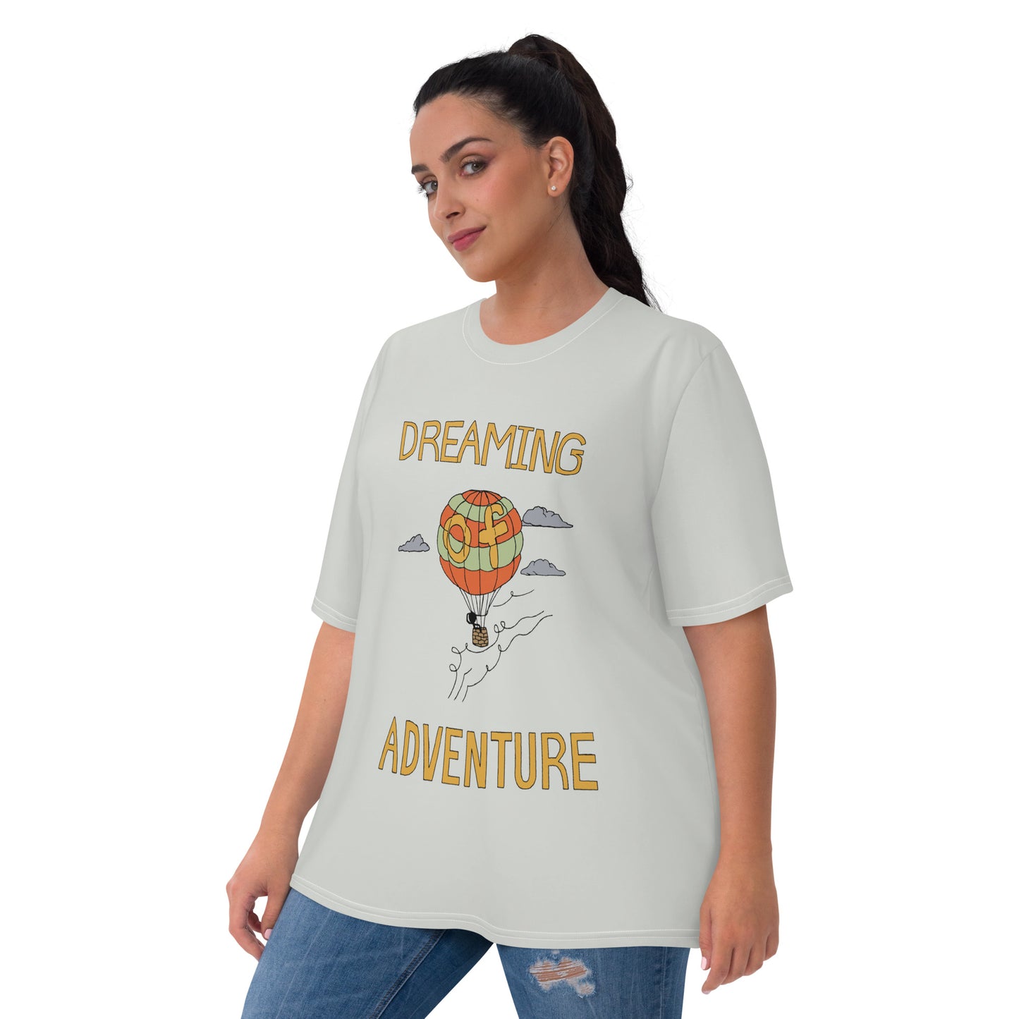 Women's Gray Hot Air Balloon "Dreaming Adventure" Crew-Neck T-shirt (Size XS-2XL)