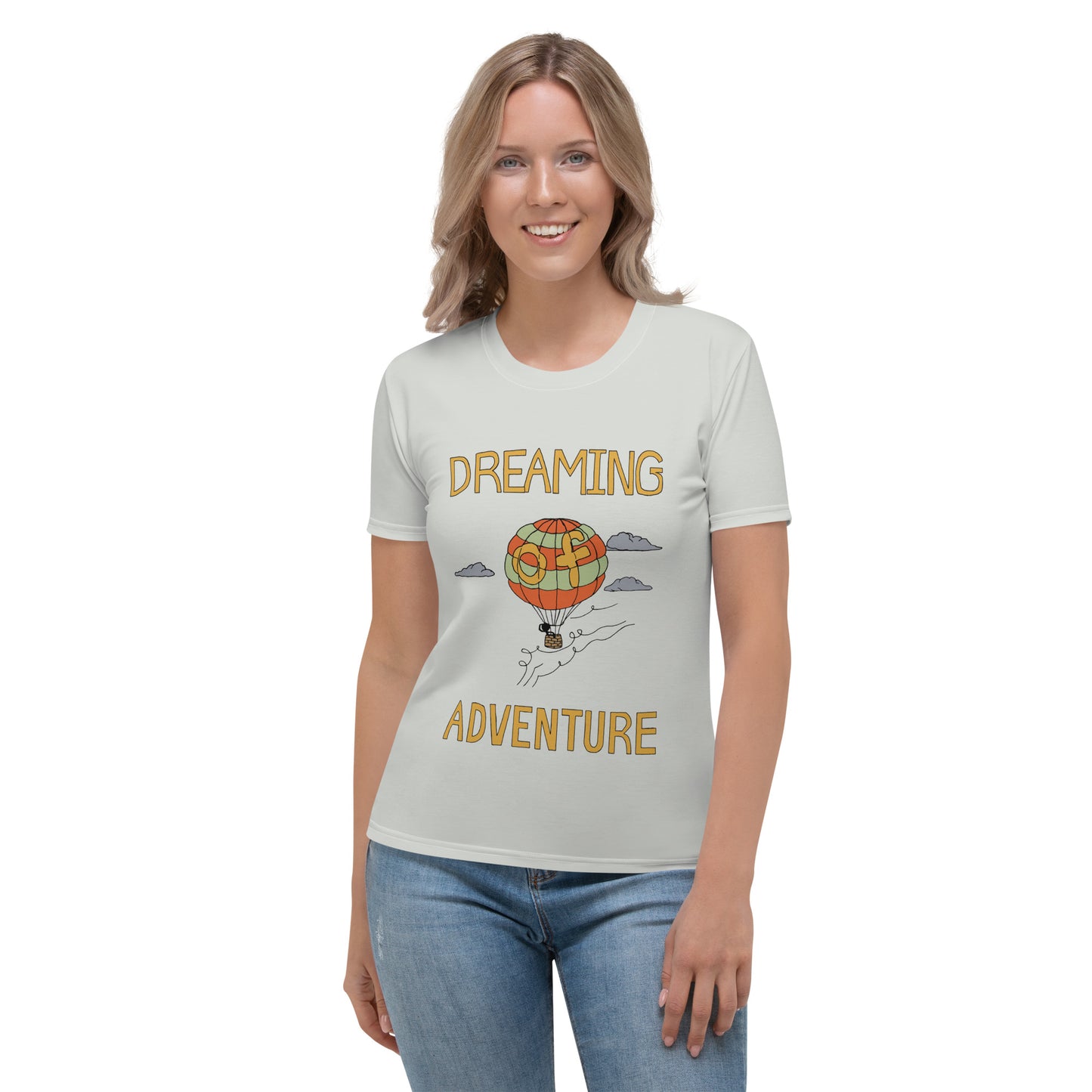 Women's Gray Hot Air Balloon "Dreaming Adventure" Crew-Neck T-shirt (Size XS-2XL)