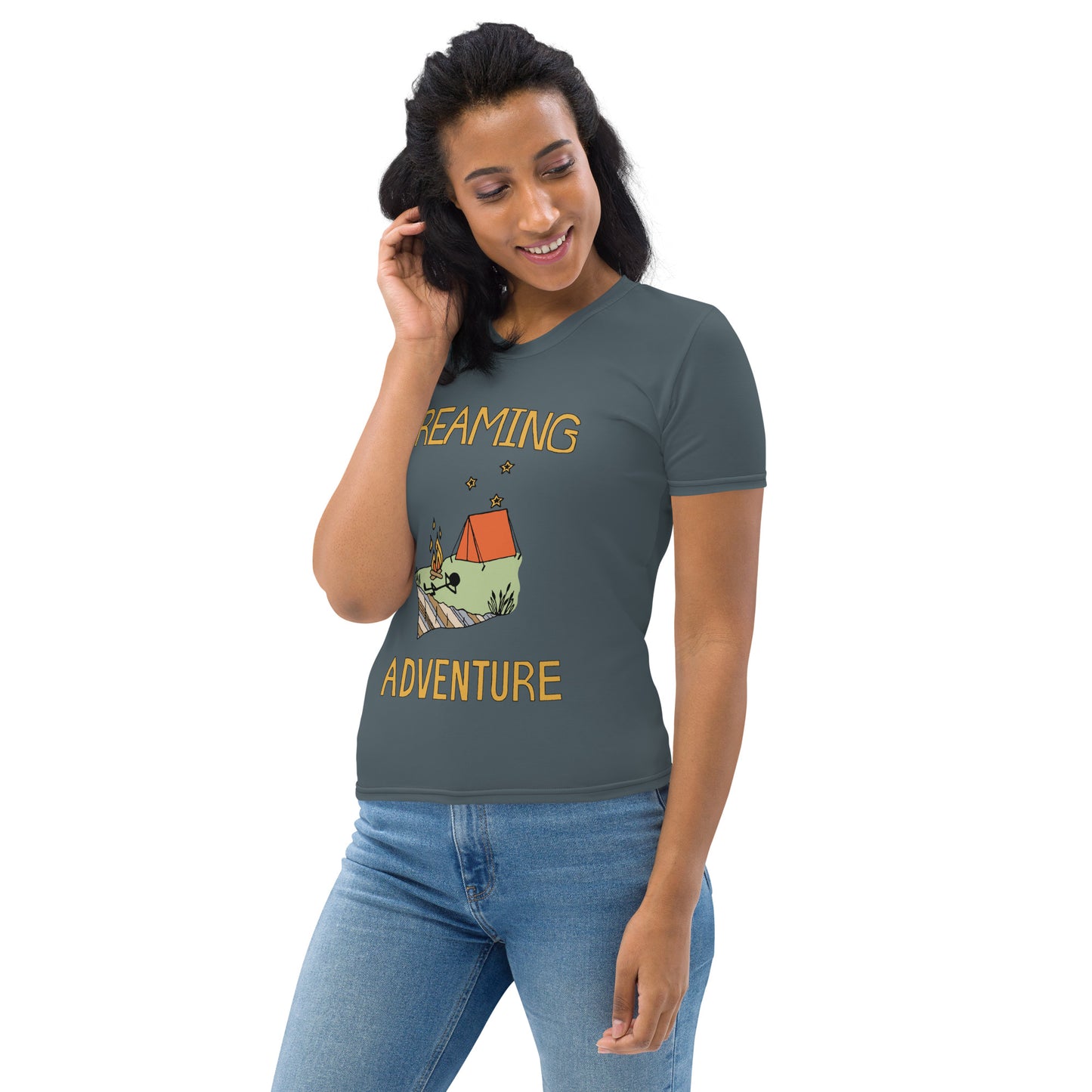 Women's Dark-Blue Camping "Dreaming Adventure" Crew-Neck T-shirt (Size XS-2XL)