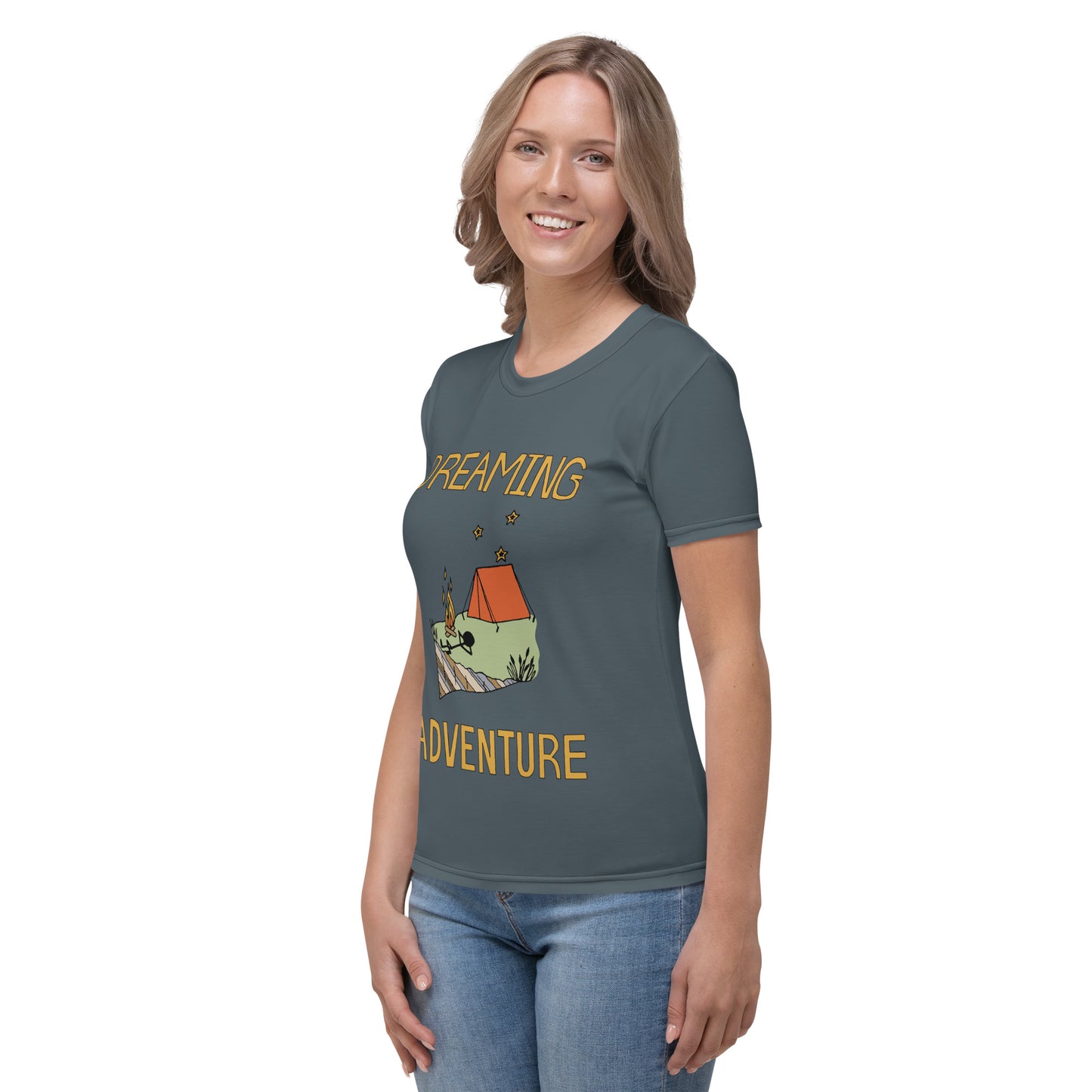 Women's Dark-Blue Camping "Dreaming Adventure" Crew-Neck T-shirt (Size XS-2XL)