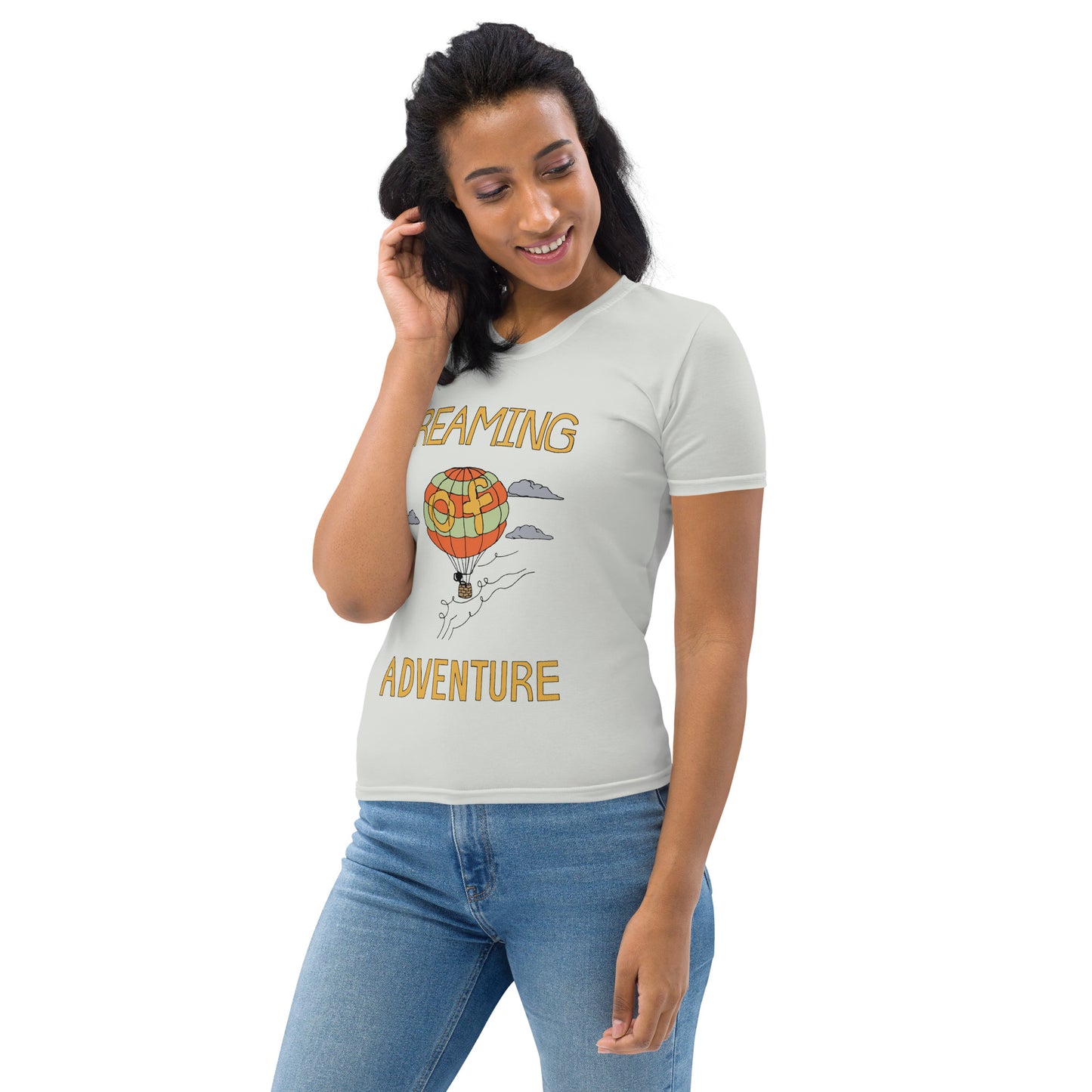 Women's Gray Hot Air Balloon "Dreaming Adventure" Crew-Neck T-shirt (Size XS-2XL)