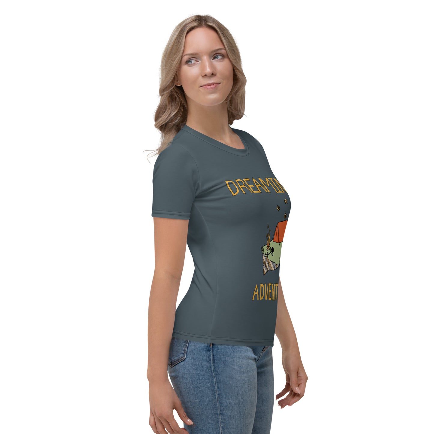 Women's Dark-Blue Camping "Dreaming Adventure" Crew-Neck T-shirt (Size XS-2XL)