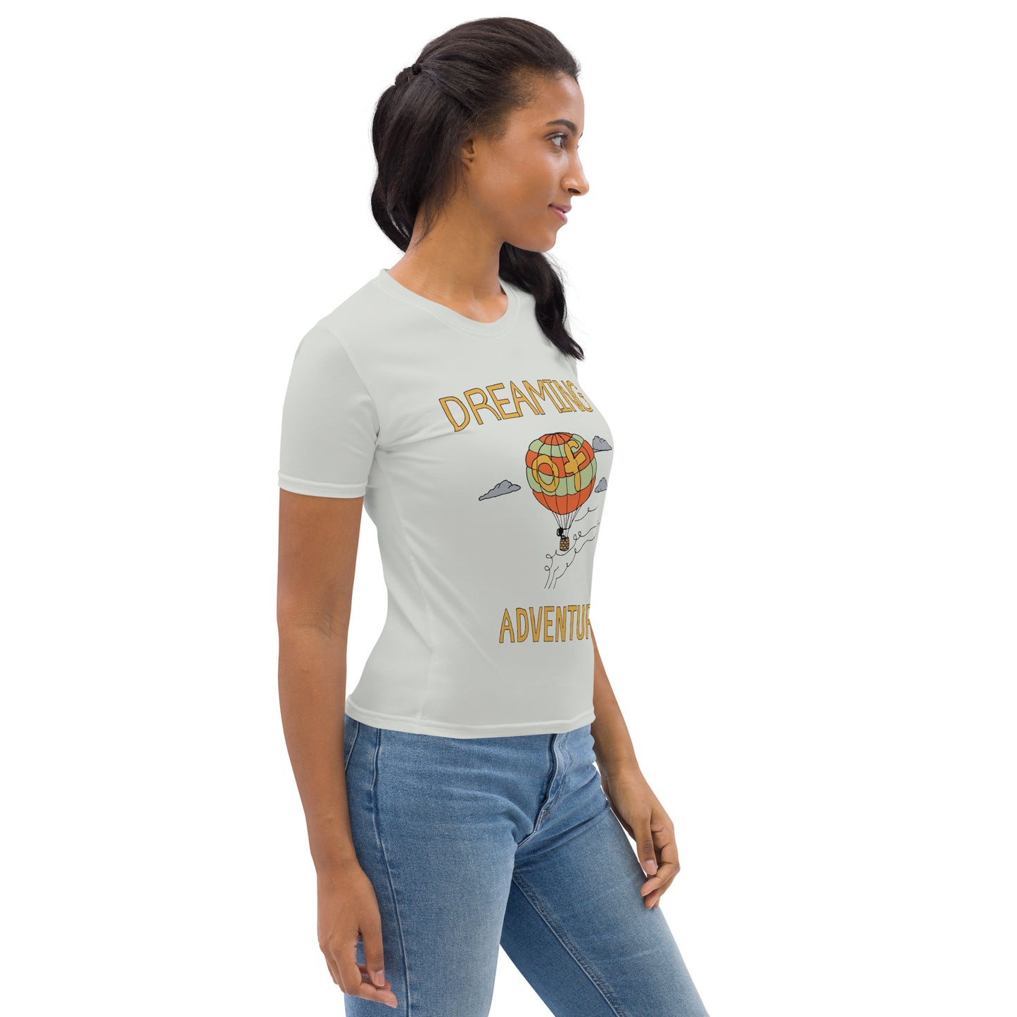 Women's Gray Hot Air Balloon "Dreaming Adventure" Crew-Neck T-shirt (Size XS-2XL)