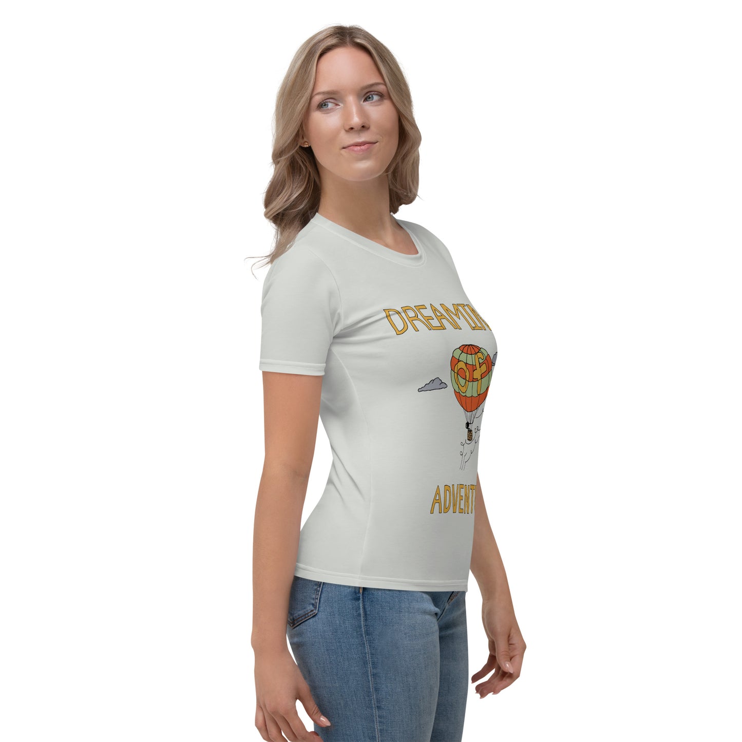 Women's Gray Hot Air Balloon "Dreaming Adventure" Crew-Neck T-shirt (Size XS-2XL)