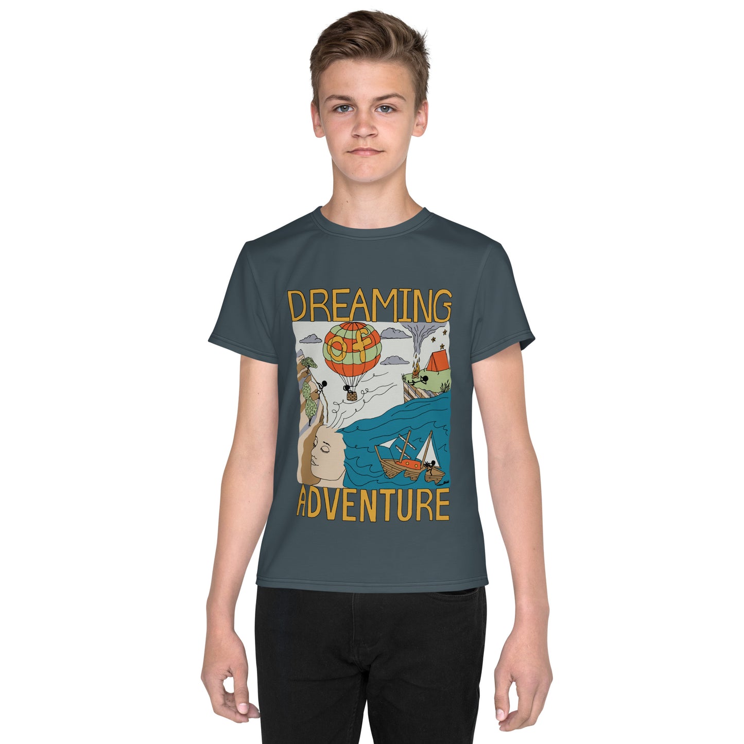 Youth Dark-Blue "Dreaming Adventure" Short-Sleeved Crew Neck T-shirt (Size 8-20)