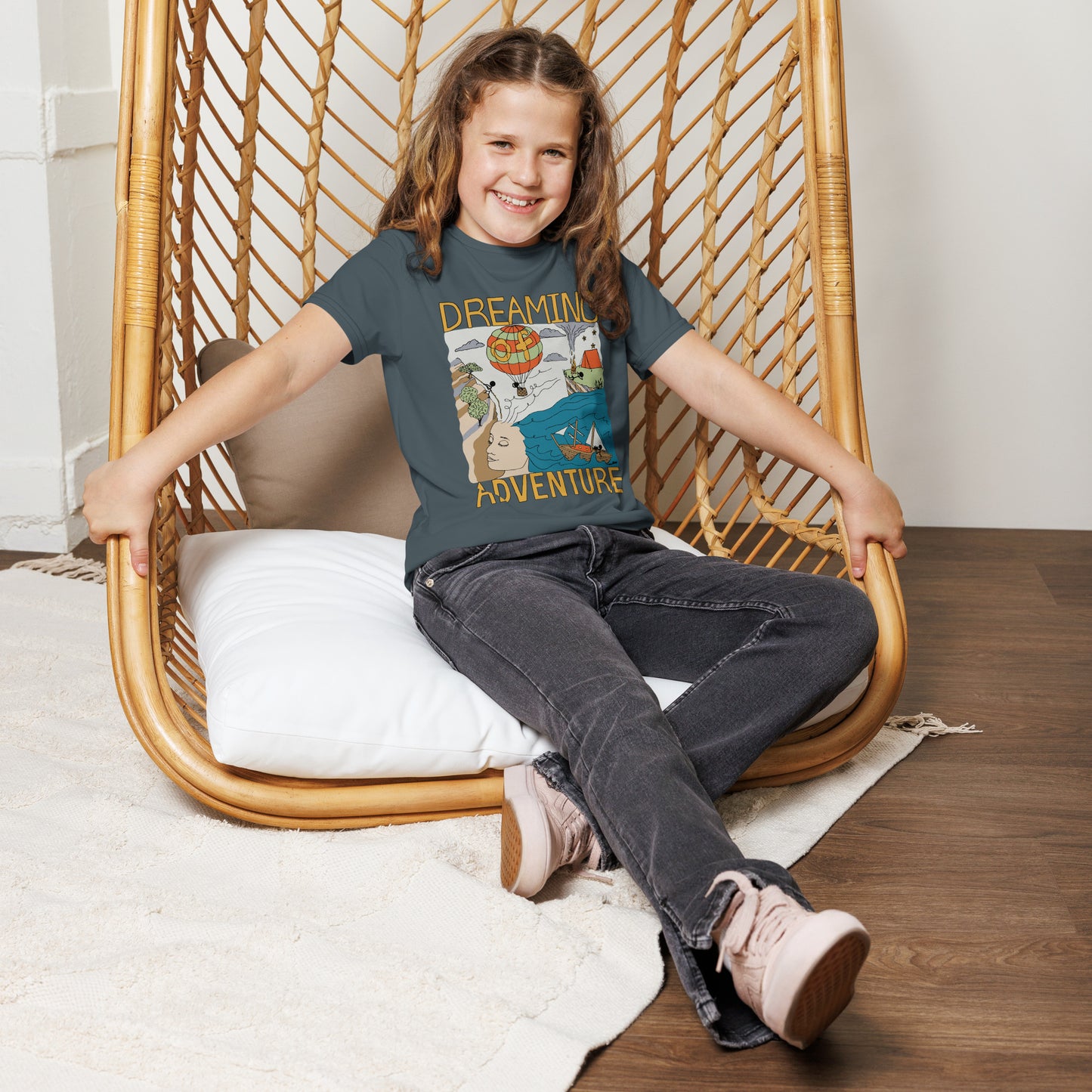 Youth Dark-Blue "Dreaming Adventure" Short-Sleeved Crew Neck T-shirt (Size 8-20)