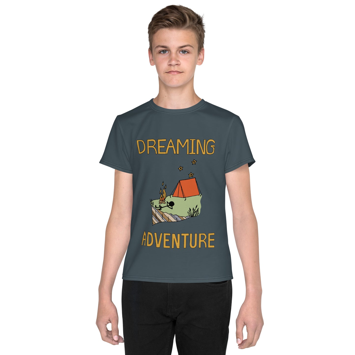 Youth Dark-Blue Camping "Dreaming Adventure" Short-Sleeved Crew Neck T-shirt (Size 8-20)