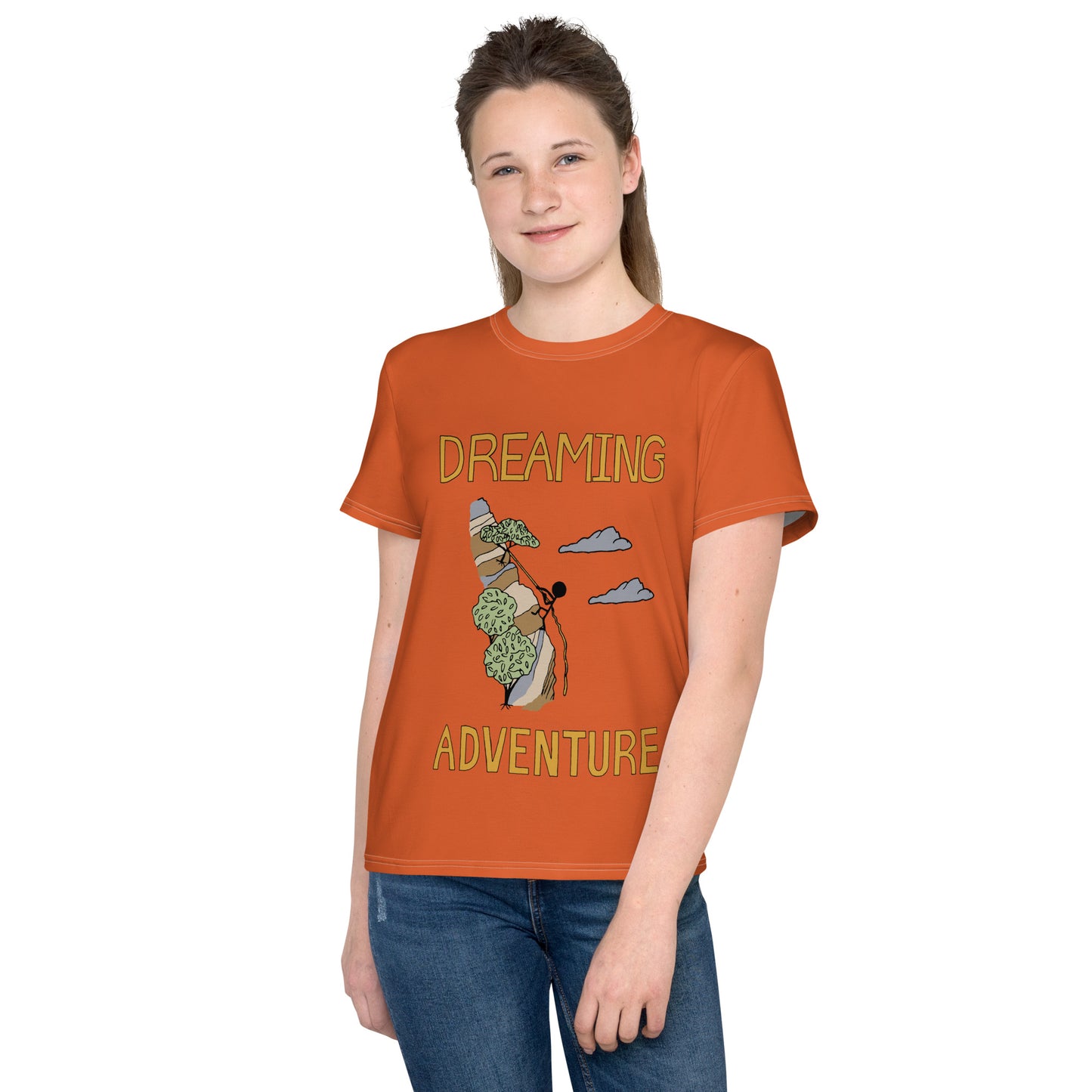 Youth Orange Climbing "Dreaming Adventure" Short-Sleeved Crew Neck T-shirt  (Size 8-20)
