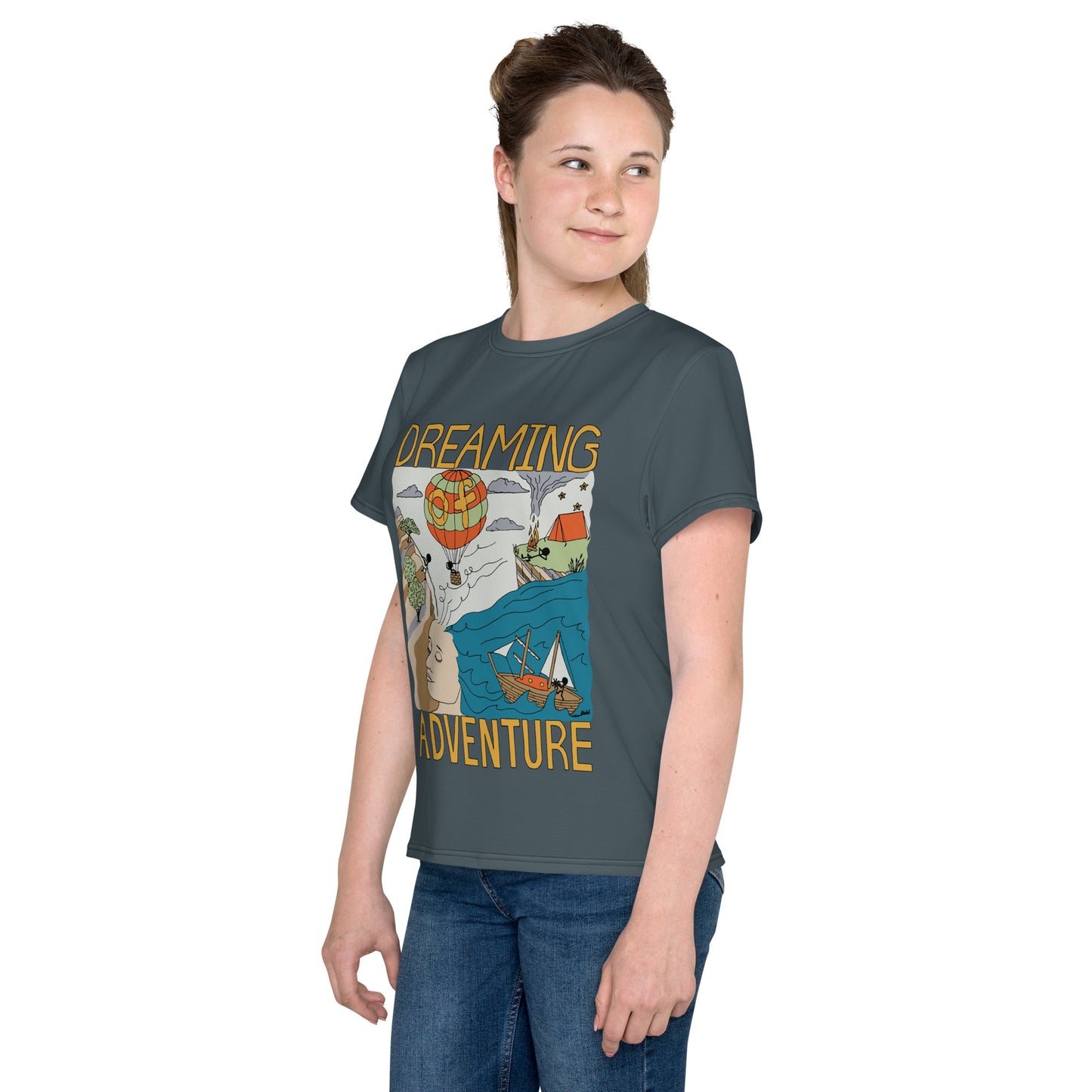 Youth Dark-Blue "Dreaming Adventure" Short-Sleeved Crew Neck T-shirt (Size 8-20)