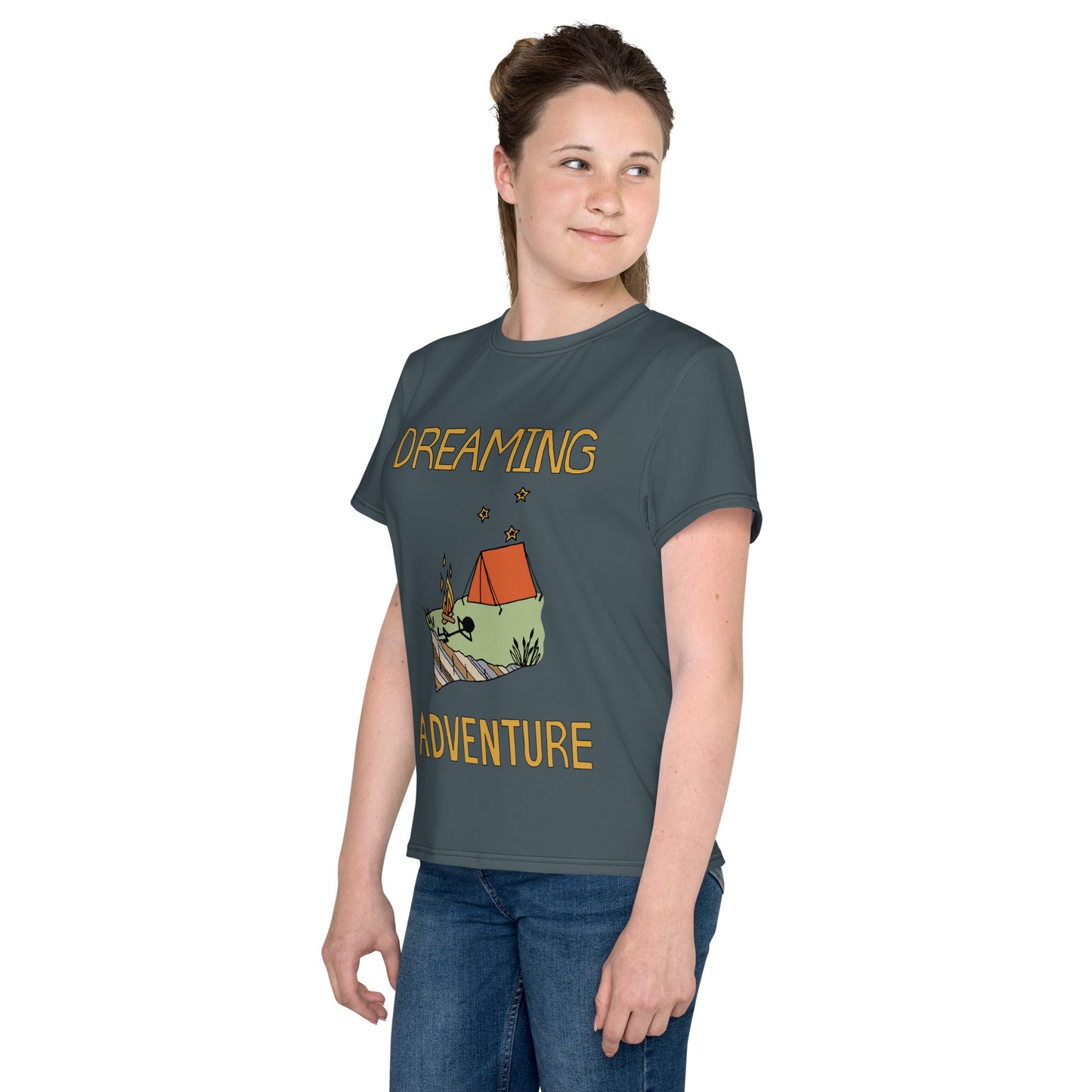 Youth Dark-Blue Camping "Dreaming Adventure" Short-Sleeved Crew Neck T-shirt (Size 8-20)