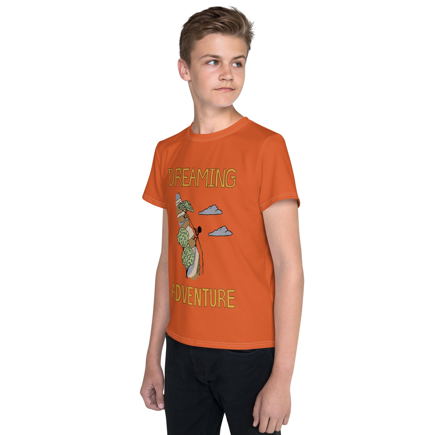 Youth Orange Climbing "Dreaming Adventure" Short-Sleeved Crew Neck T-shirt  (Size 8-20)