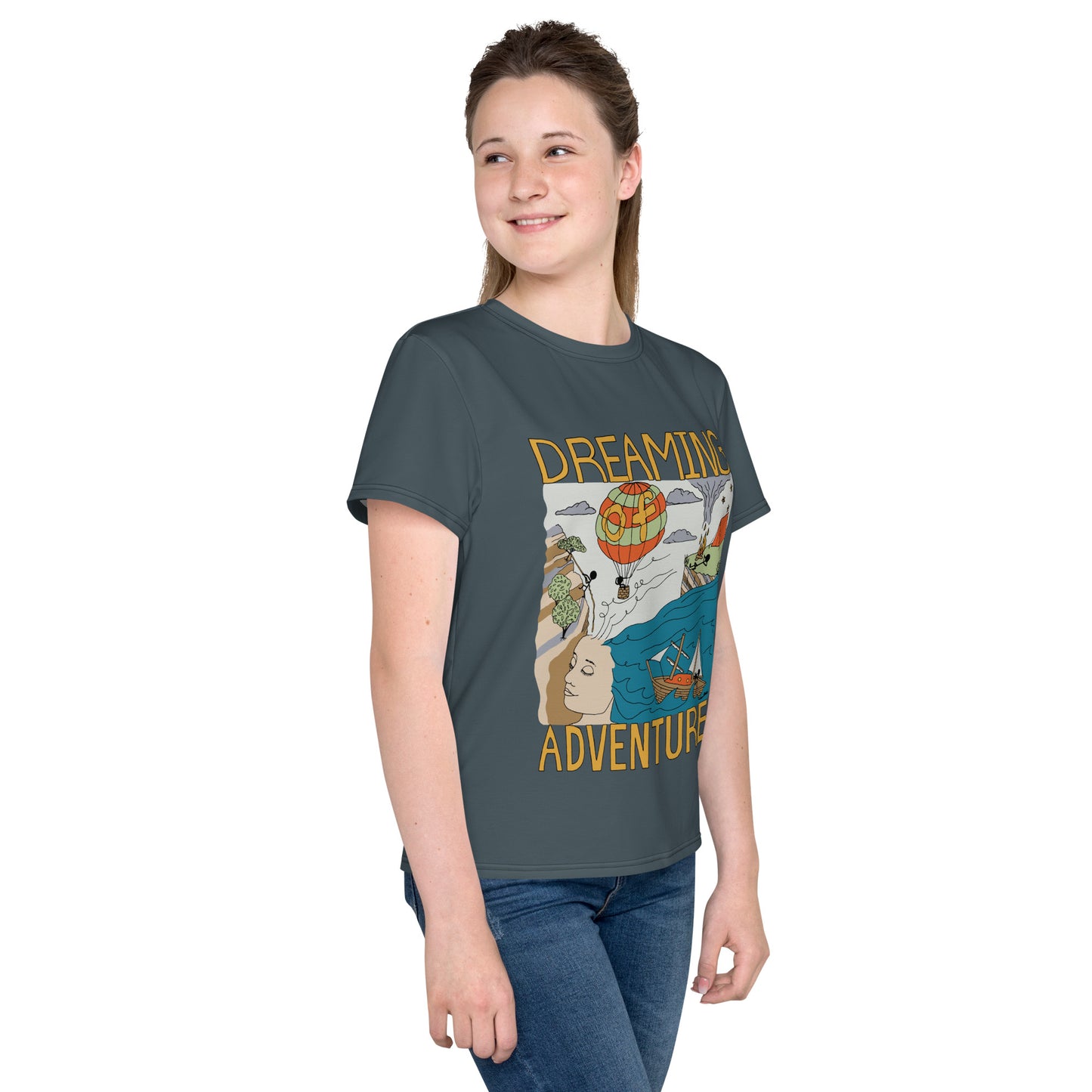 Youth Dark-Blue "Dreaming Adventure" Short-Sleeved Crew Neck T-shirt (Size 8-20)