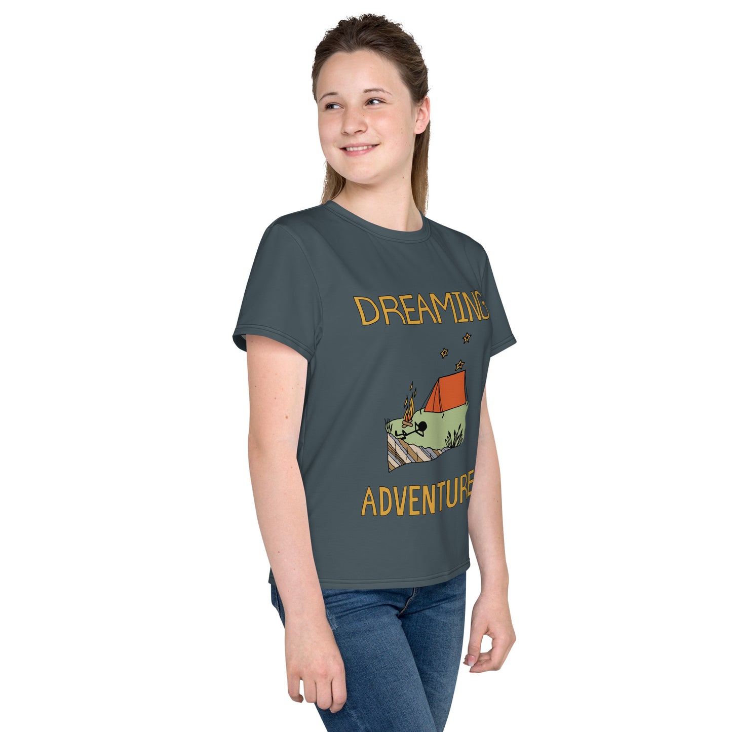 Youth Dark-Blue Camping "Dreaming Adventure" Short-Sleeved Crew Neck T-shirt (Size 8-20)
