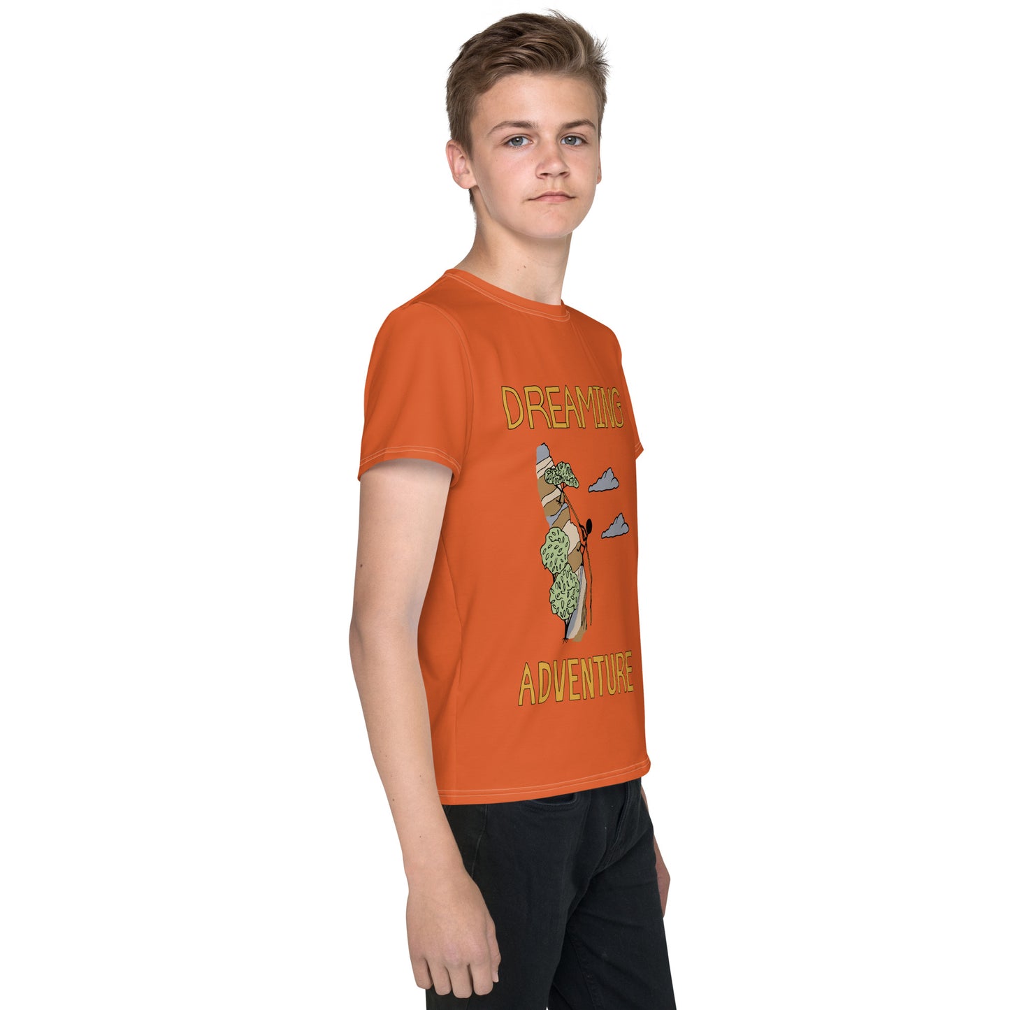 Youth Orange Climbing "Dreaming Adventure" Short-Sleeved Crew Neck T-shirt  (Size 8-20)