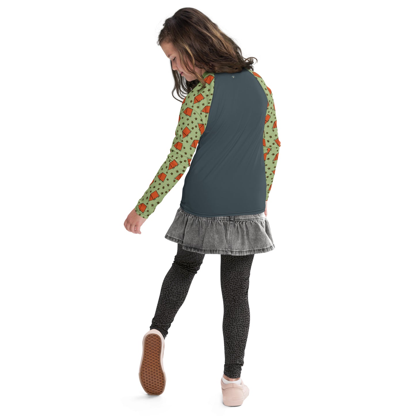 Youth Dark-Blue/Green Camping "Dreaming Adventure" Long-Sleeved Rash Guard Shirt (Size 8-20)