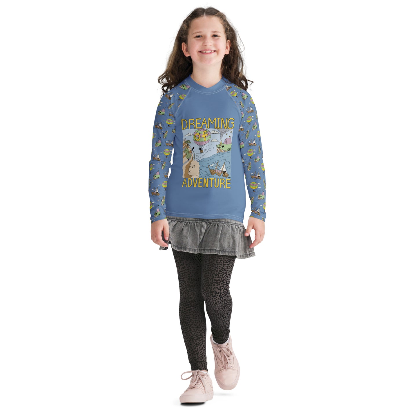 Youth Lavender-Blue "Dreaming Adventure" Long-Sleeved Rash Guard Shirt (Size 8-20)