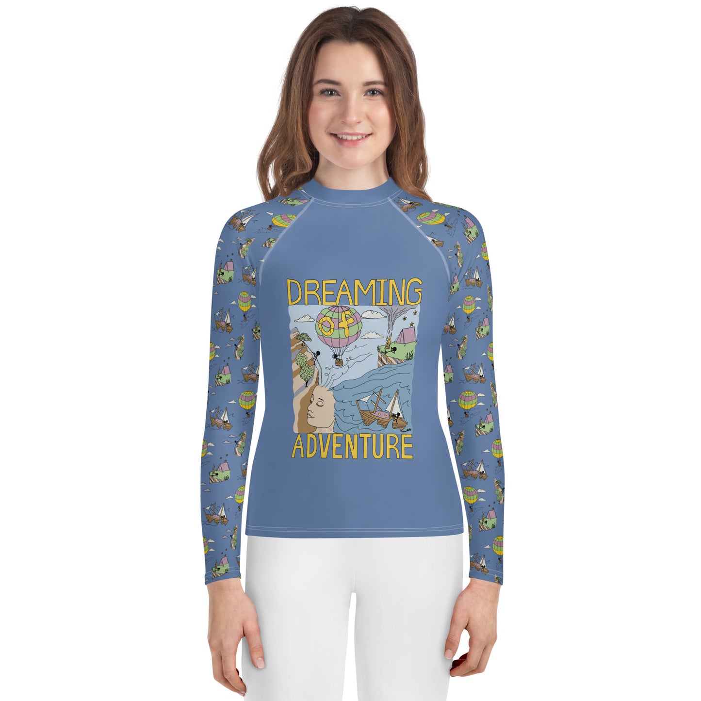 Youth Lavender-Blue "Dreaming Adventure" Long-Sleeved Rash Guard Shirt (Size 8-20)