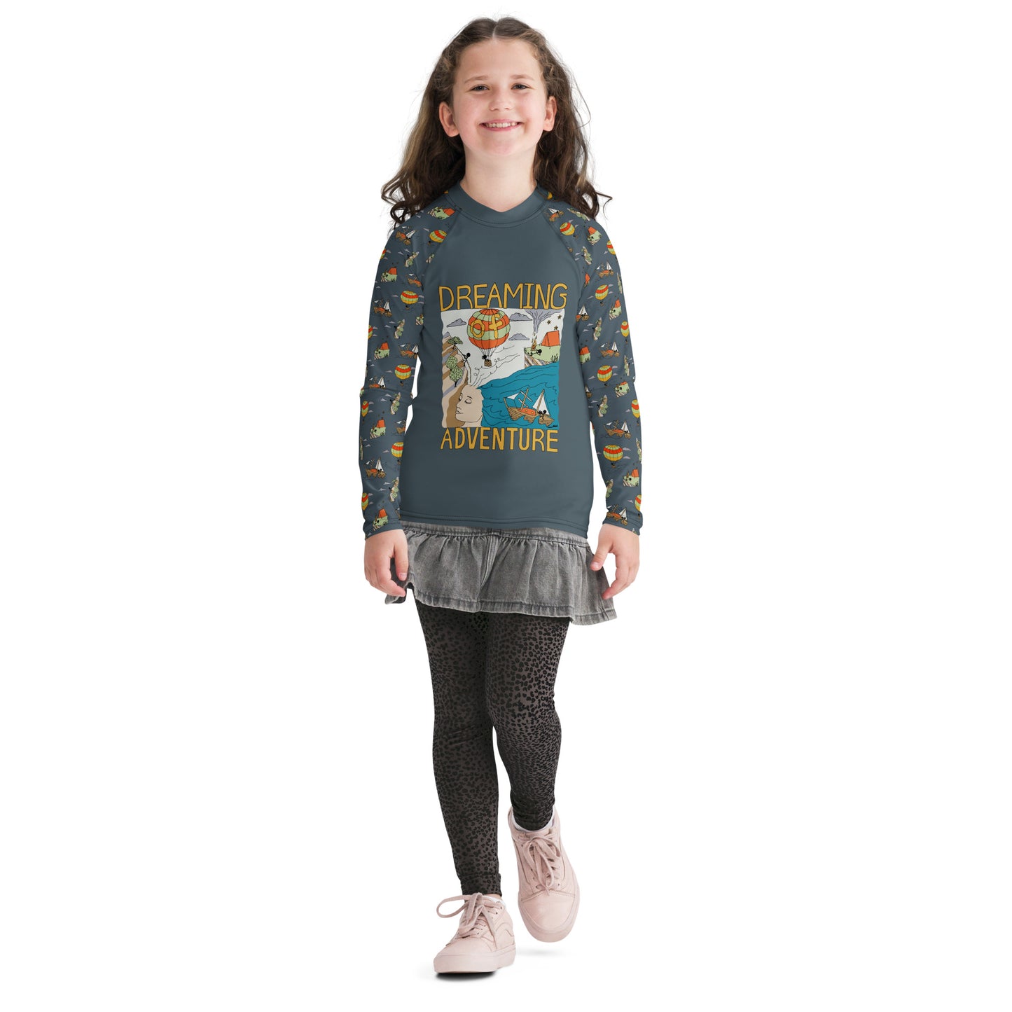 Youth Dark-Blue "Dreaming Adventure" Long-Sleeved Rash Guard Shirt (Size 8-20)