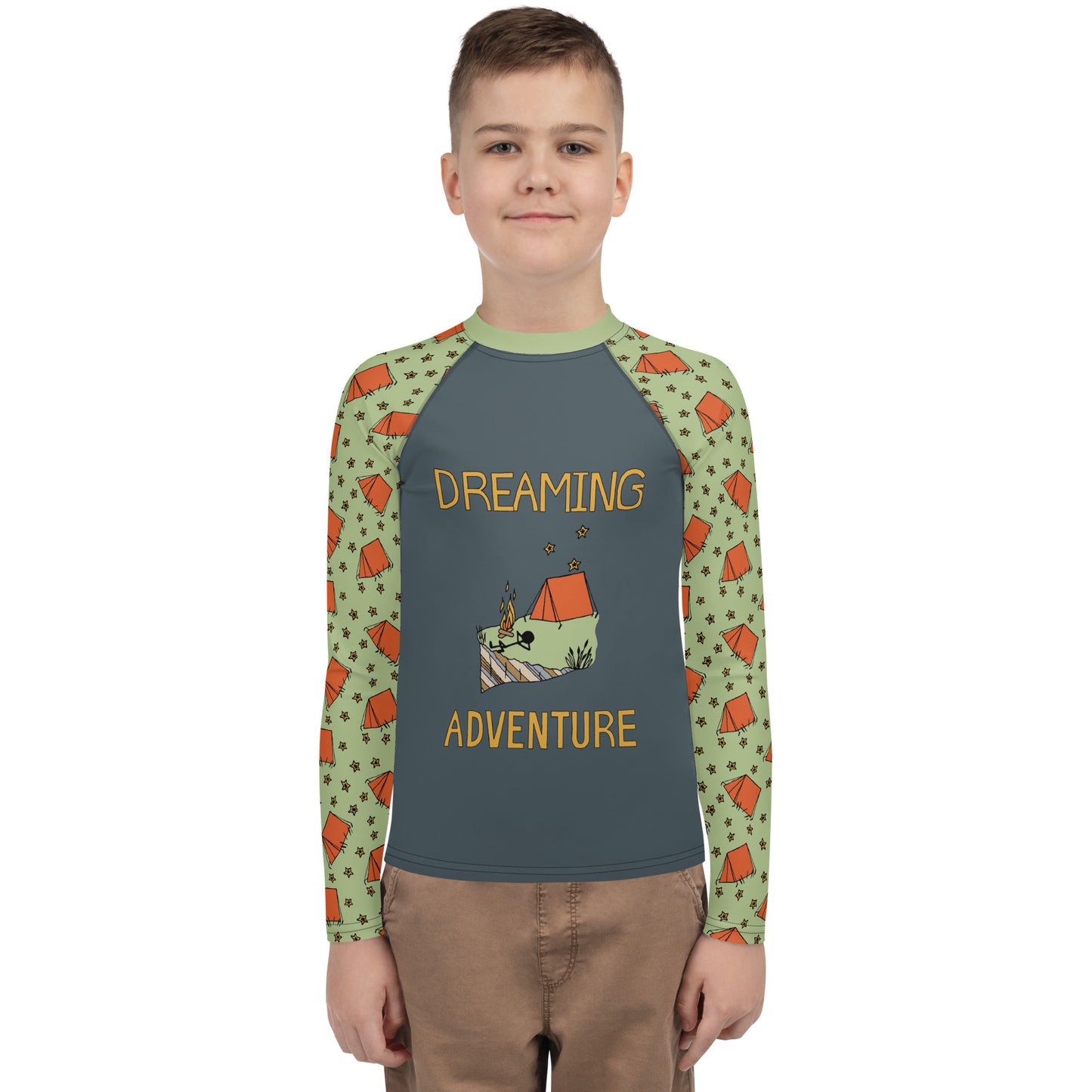 Youth Dark-Blue/Green Camping "Dreaming Adventure" Long-Sleeved Rash Guard Shirt (Size 8-20)