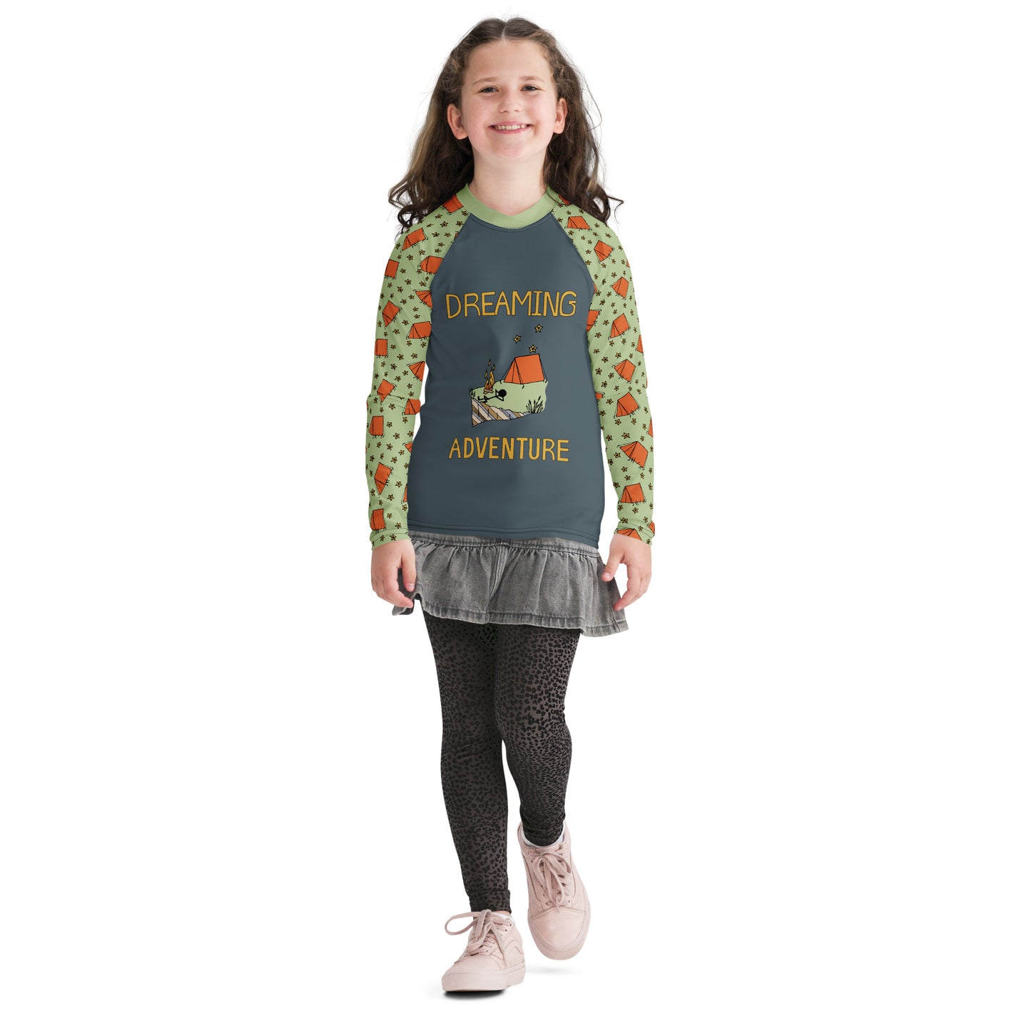 Youth Dark-Blue/Green Camping "Dreaming Adventure" Long-Sleeved Rash Guard Shirt (Size 8-20)