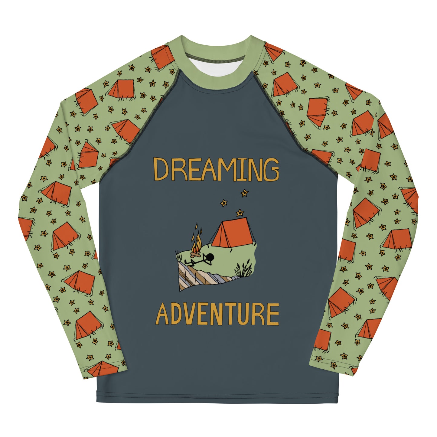 Youth Dark-Blue/Green Camping "Dreaming Adventure" Long-Sleeved Rash Guard Shirt (Size 8-20)