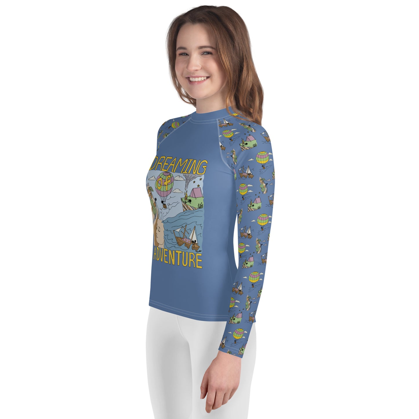 Youth Lavender-Blue "Dreaming Adventure" Long-Sleeved Rash Guard Shirt (Size 8-20)