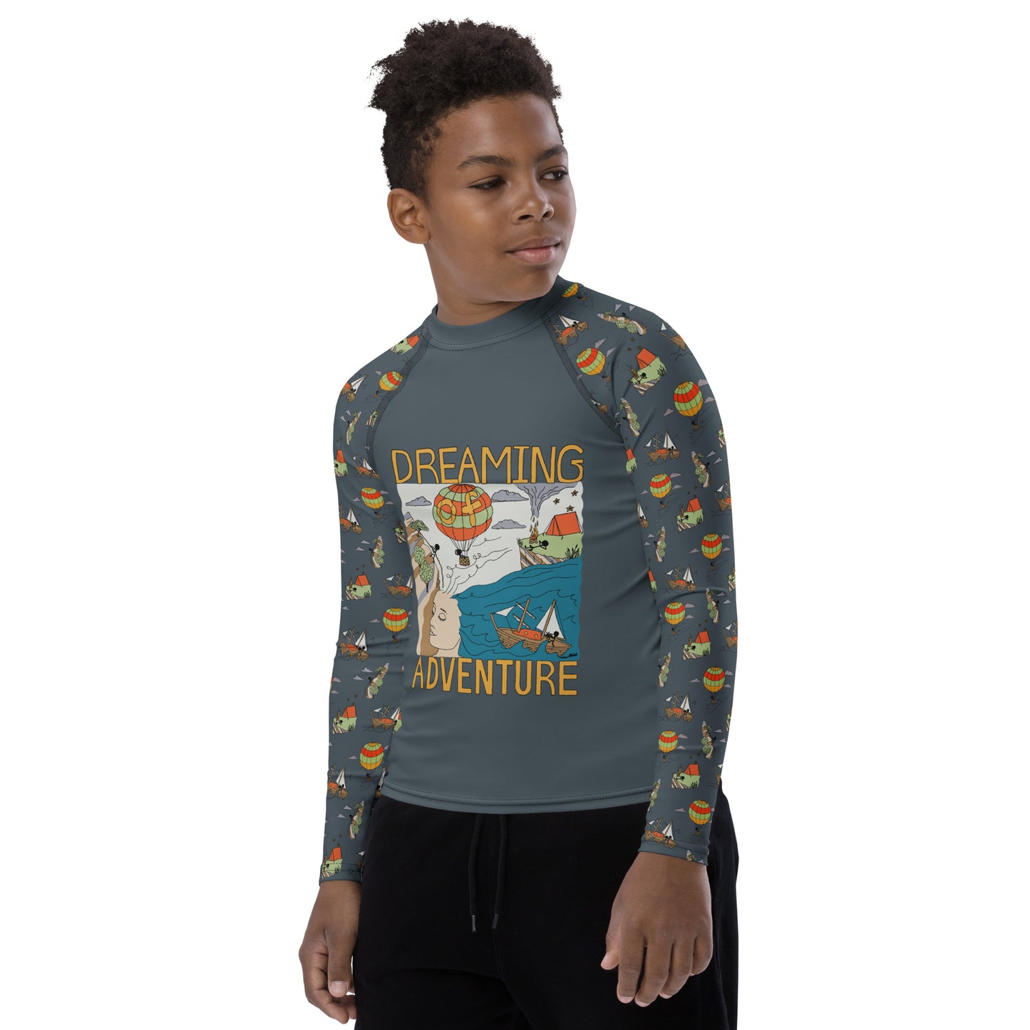 Youth Dark-Blue "Dreaming Adventure" Long-Sleeved Rash Guard Shirt (Size 8-20)