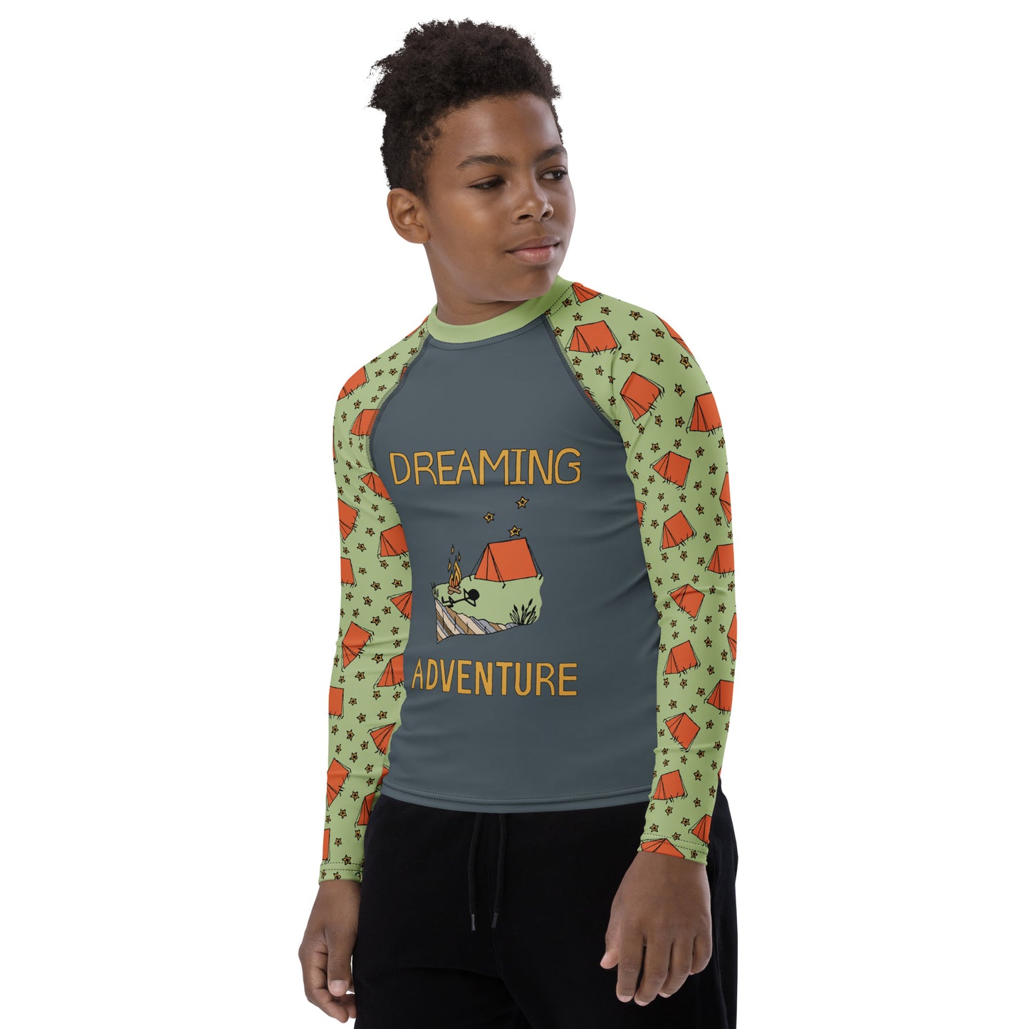 Youth Dark-Blue/Green Camping "Dreaming Adventure" Long-Sleeved Rash Guard Shirt (Size 8-20)