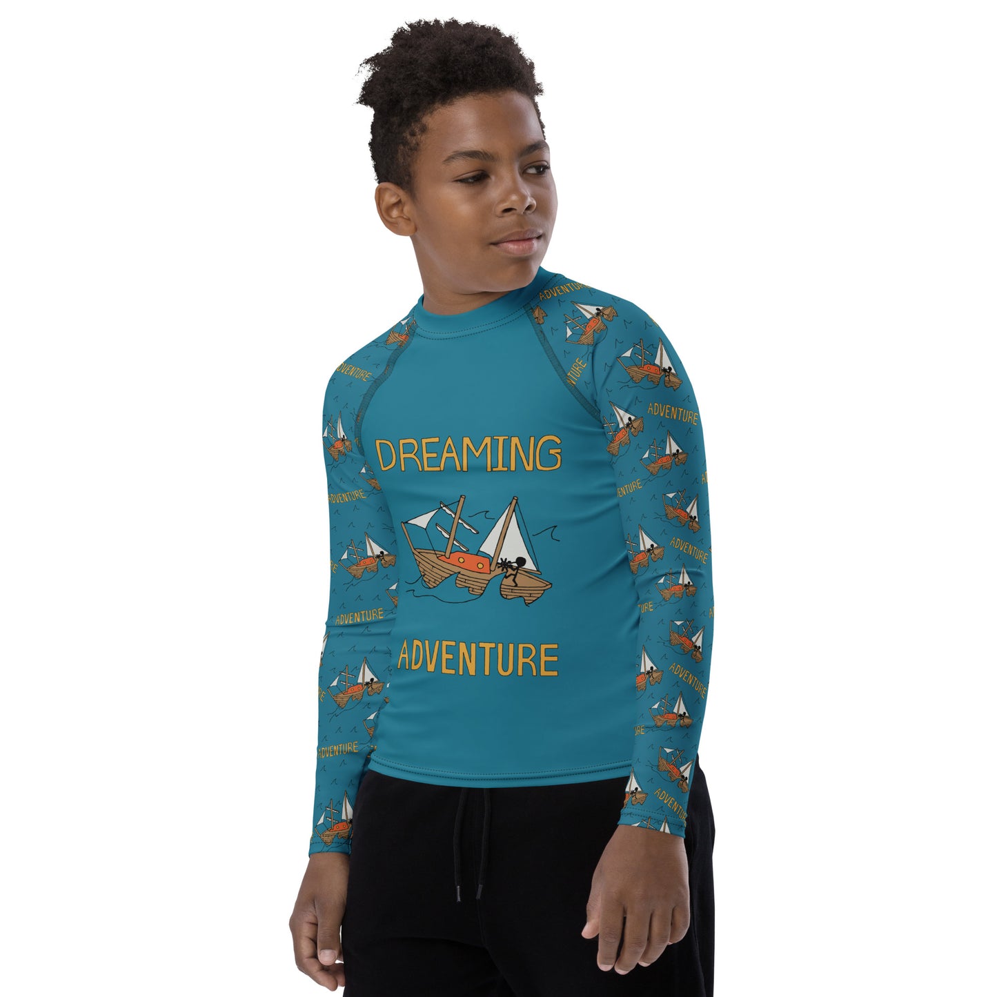 Youth Blue Sailing "Dreaming Adventure" Long-sleeved Rash Guard Shirt (Size 8-20)
